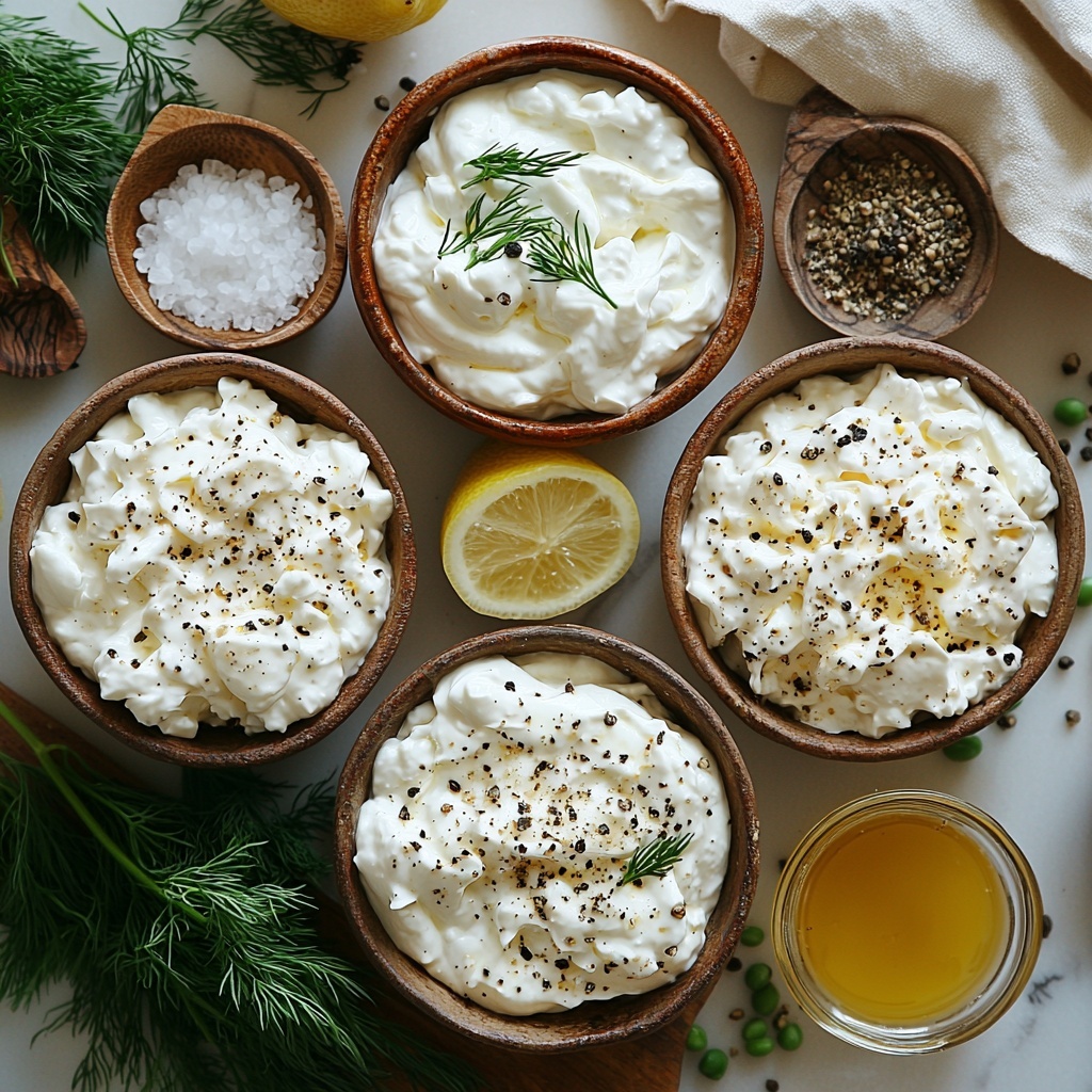 Greek yogurt in a small rustic ceramic bowl, creamy and smooth white texture; sour cream in a matching bowl nearby, thick and velvety white; fresh dill sprigs and bright green chopped parsley scattered artfully on a clean white marble surface; small wooden spoons holding garlic powder, onion powder, and dried chives, fine and colorful powders varying from pale beige to muted green; a small clear glass bowl with vibrant yellow fresh lemon juice; coarse grains of sea salt and cracked black peppercorns sprinkled delicately in tiny piles on the surface; natural light casting soft shadows emphasizing the freshness and textures; minimalistic clean white background with subtle natural linen napkin folded nearby, and a wooden cutting board partially visible to add warmth and contrast; composition balanced with the bowls and spoons arranged in a gentle curve, fresh herbs adding pops of green, powder ingredients creating texture contrast overhead shot, top down view, flat lay photography, professional food styling --ar 1:1 --q 2 --s 750 --v 6.1