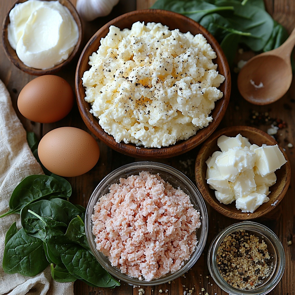 ground chicken in a small glass bowl with a raw pink texture, creamy white ricotta cheese in a rustic ceramic bowl, golden breadcrumbs in a small wooden dish, finely grated pale yellow Parmesan cheese scattered lightly on a natural linen cloth, a whole brown egg with smooth shell, two garlic cloves peeled showing off white flesh, dried Italian seasoning sprinkled in a small dish, coarse salt and black peppercorns in mini glass jars, fresh vibrant green spinach leaves loosely piled with visible veins, a small saucepan half-filled with thick white heavy cream, shredded mozzarella cheese in a white bowl with soft curls, all ingredients neatly arranged on a clean light wooden surface with soft natural light casting gentle shadows, subtle rustic kitchen props like a wooden spoon and linen napkin gently included to enhance texture and warmth, fresh and inviting color palette emphasizing natural ingredients, overhead shot, top down view, flat lay photography, professional food styling --ar 1:1 --q 2 --s 750 --v 6.1