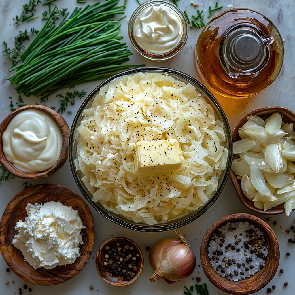 A clean, bright white surface with all main ingredients for caramelized onion dip artfully arranged in a balanced flat lay. Three tablespoons of pale yellow unsalted butter in a small glass bowl; two pounds of sweet onions, halved and thinly sliced with delicate translucent layers visible; a small heap of fine light brown sugar crystals; two cloves of peeled, slightly glossy garlic, minced; a small clear glass measuring cup with pale golden dry white wine; a small rustic bowl with dark, rich balsamic vinegar; a bottle or small bowl showing deep brown Worcestershire sauce; a round mound of smooth, creamy white cream cheese at room temperature; a ceramic bowl of thick white sour cream; another bowl with glossy pale mayonnaise; a small bowl with coarse kosher salt and a pepper mill with freshly ground black pepper specks nearby; and vibrant chopped fresh chives sprinkled artfully on a small dish and a few scattered around. Soft natural light accentuates the varying textures from smooth and creamy to crisp onion layers and granulated sugar crystals. Minimal shadows, crisp focus, and subtle reflections on glass and ceramic containers create a fresh, inviting look. The composition is neat but casually elegant, with ingredients spaced evenly to highlight their colors and textures for an appetizing, professional food photography aesthetic. Overhead shot, top down view, flat lay photography, professional food styling --ar 1:1 --q 2 --s 750 --v 6.1