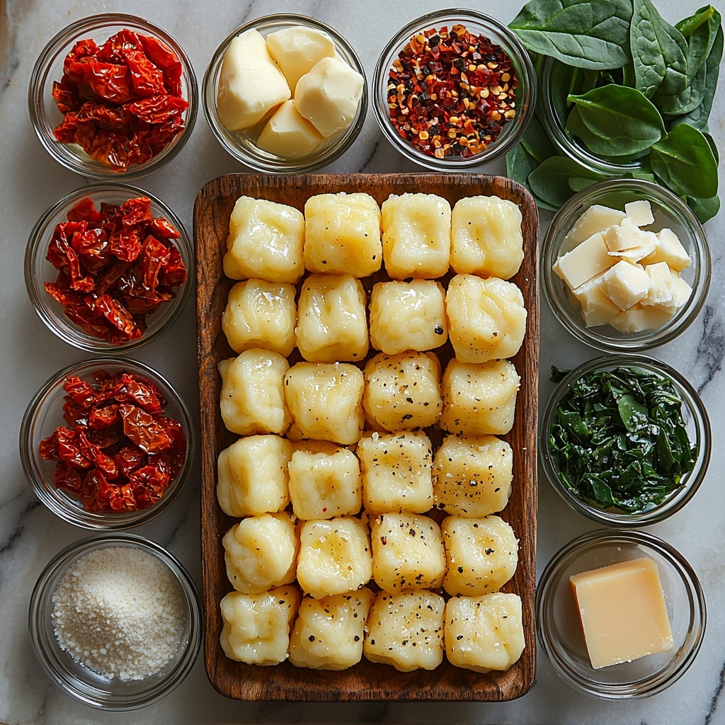 3 tablespoons golden butter in a small glass dish, 2 cloves garlic finely chopped on a wooden spoon, 1 pound uncooked gnocchi arranged loosely in a rustic ceramic bowl, ¼ cup vibrant deep red chopped sun-dried tomatoes in a small white ramekin, small glass bowls with ½ teaspoon Italian seasoning (greenish dried herbs), ¼ teaspoon crushed red pepper flakes with bright red accents, ½ teaspoon salt and ¼ teaspoon ground black pepper in two separate tiny white porcelain spoons, 1 cup heavy cream in a clear measuring cup showing creamy white texture, ½ cup translucent pale vegetable stock in a small clear bowl, ¼ cup finely grated Parmesan cheese piled neatly on a small plate, fresh 3 cups baby spinach leaves arranged loosely with rich, glossy dark green color, 2 tablespoons fresh basil finely sliced scattered delicately nearby, all ingredients laid out on a clean white marble surface with subtle natural light highlighting textures and colors, minimalist flatware and soft shadows adding depth and contrast, styled for clarity and visual appeal, overhead shot, top down view, flat lay photography, professional food styling --ar 1:1 --q 2 --s 750 --v 6.1