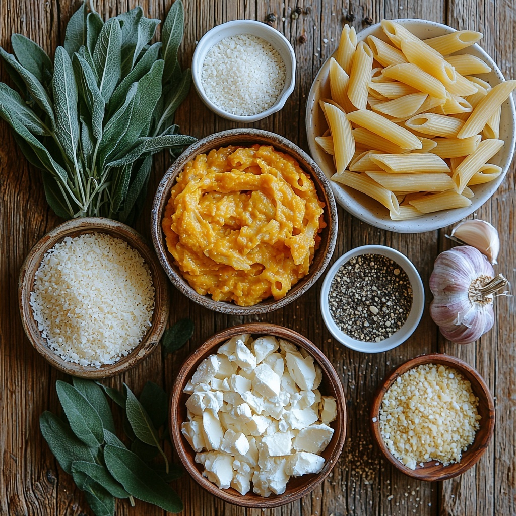 A beautifully styled flat lay of main ingredients for Pumpkin Sage Pasta arranged on a clean, light wooden surface. Visible are uncooked golden penne pasta spilling gently from a small rustic bowl, a smooth bowl of rich orange fresh pumpkin puree, a glass measuring cup of thick white heavy cream, a small white ramekin filled with finely grated pale yellow Parmesan cheese, scattered fresh green sage leaves next to a wooden spoon holding chopped sage, three whole garlic cloves with papery skins partially peeled, a small bowl of golden crispy seasoned breadcrumbs, and a pinch bowl of coarse black pepper and a small dish of sea salt crystals. The colors pop with warm autumnal tones—deep orange, creamy white, fresh green, and golden browns—with natural textures contrasting smooth creaminess, fine cheese grating, and brittle breadcrumbs. Soft natural light with gentle shadows accentuates the freshness and invites a cozy, inviting feel. Overhead shot, top down view, flat lay photography, professional food styling --ar 1:1 --q 2 --s 750 --v 6.1