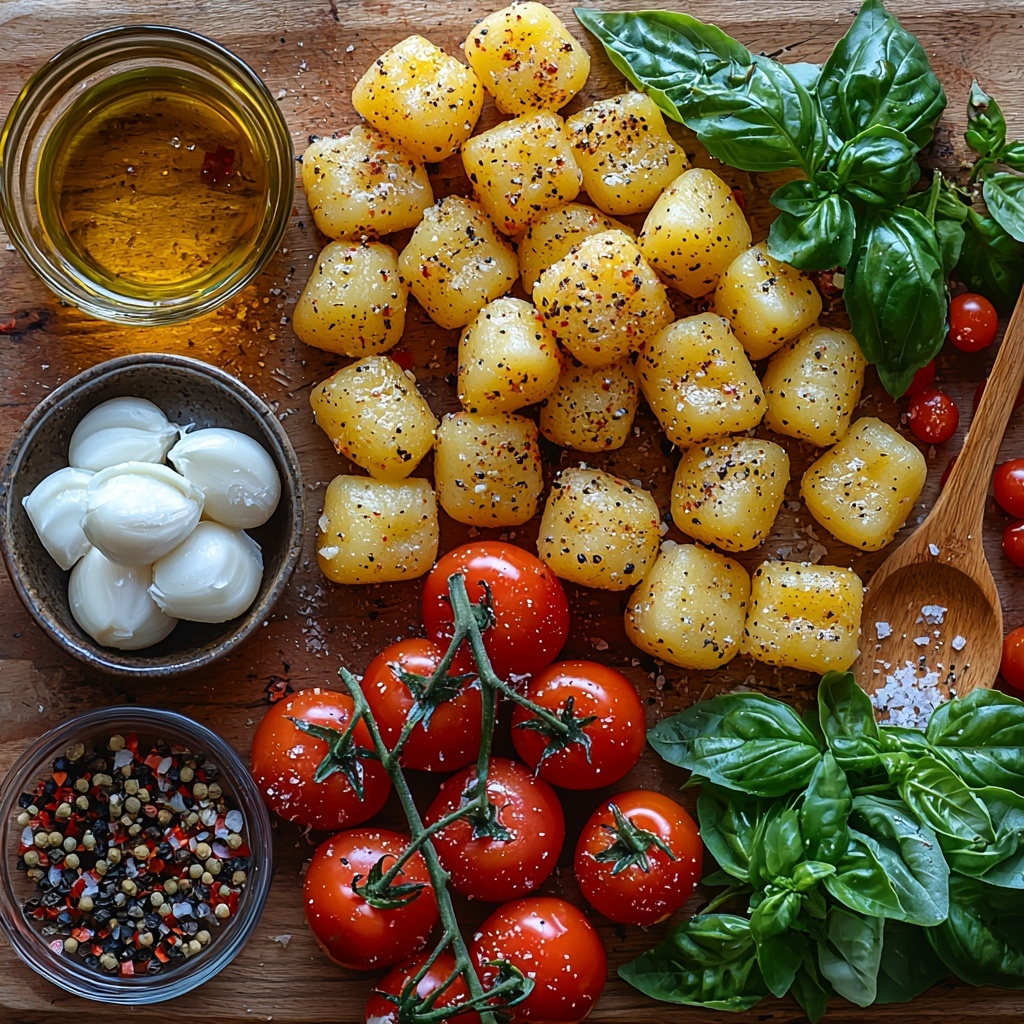 /Imagine prompt: A clean, bright wooden surface with a beautifully arranged flat lay of fresh ingredients for a vegetarian gnocchi soup. On the left, a small glass bowl of golden olive oil with a smooth sheen. Nearby, four large garlic cloves, some whole and some sliced, showcasing their papery white skins and creamy interiors. Next to them, half a small yellow onion finely diced, revealing its translucent layers. Three vibrant red bell peppers, cored and chopped into crisp pieces, their glossy skin catching the light. A cluster of plump, shiny cherry tomatoes with rich red hues, some whole and some halved to show juicy interiors. A small wooden spoon holding warm, earthy smoked paprika powder with a deep brick-red color. Three Italian plant-based sausages, uncooked, with a slightly textured surface, arranged whole and crumbled to show their meaty fibrous texture. A clear glass cup filled with golden vegetable broth, slightly shimmering. A smooth, creamy dollop of white ricotta cheese in a small rustic bowl. A pile of pillowy, pale yellow potato gnocchi, soft and smooth with subtle ridges. Fresh bright green basil leaves scattered artfully, some whole and some torn, adding a fresh pop of color. A small dish of coarse salt and cracked black peppercorns for seasoning. A tiny bowl with vibrant red pepper flakes for optional spice. The composition is clean and balanced, with natural light highlighting the varied textures and vivid colors, styled with minimal props and negative space for a fresh, inviting look. Overhead shot, top down view, flat lay photography, professional food styling --ar 1:1 --q 2 --s 750 --v 6.1