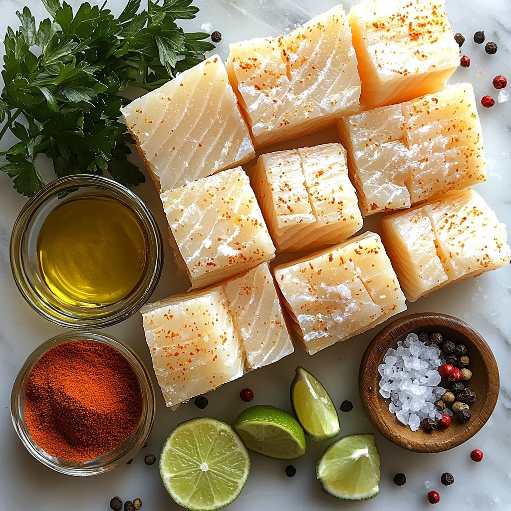 Frozen white fish fillets shaved thin, translucent and slightly frosted with ice crystals, arranged in delicate overlapping layers on a clean white marble surface; small vintage bowls holding vibrant red paprika powder and pale beige garlic powder, each sprinkled lightly nearby; a small glass dish with golden olive oil reflecting soft light; scattered coarse black peppercorns and fine white sea salt crystals giving texture contrast; a bunch of freshly chopped bright green parsley leaves loosely gathered beside the spices; several fresh lime wedges with deep green rind and juicy, glossy pale green flesh placed artfully to one side; natural soft daylight casting gentle shadows enhancing textures and colors; minimalistic, clean styling with a few rustic wooden spoons resting casually nearby for added warmth and context; overhead shot, top down view, flat lay photography, professional food styling --ar 1:1 --q 2 --s 750 --v 6.1