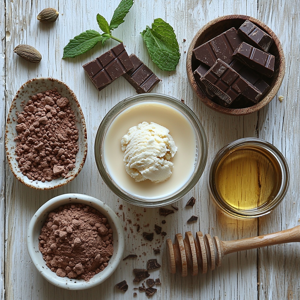 A clean, minimalistic flat lay arrangement on a light wooden or white surface featuring the main ingredients of a peppermint protein ice cream: a small glass pitcher of unsweetened almond milk with creamy white tones, a scoop of vanilla or chocolate protein powder in a rustic ceramic bowl showing its fine powder texture, a small clear glass bowl of rich dark unsweetened cocoa powder, a tiny jar or spoonful of golden honey or amber agave syrup, a small bottle or dropper vial of clear peppermint extract, and a dollop of creamy white Greek yogurt or silken tofu in a delicate porcelain dish. The items are spaced evenly with subtle shadows, natural soft daylight illuminating the scene from one side, highlighting the powdery textures and glossy liquid surfaces. Include a wooden spoon or small whisk casually placed nearby to add warmth and an inviting homemade feel. The composition is styled with a few scattered cocoa powder dustings and a fresh peppermint leaf for a pop of green color, emphasizing freshness and wholesome ingredients. overhead shot, top down view, flat lay photography, professional food styling --ar 1:1 --q 2 --s 750 --v 6.1