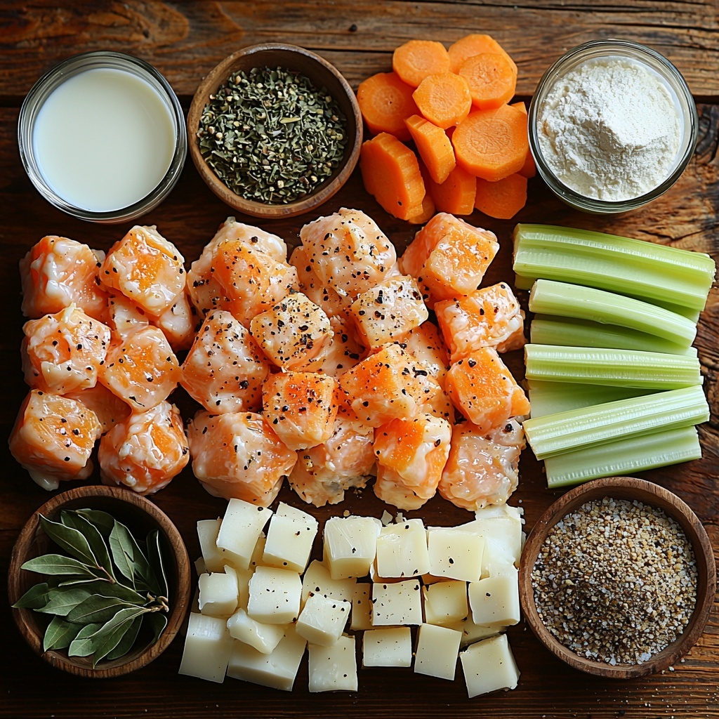 whole raw chicken pieces with pale pink skin, bright orange carrot sections, fresh green celery ribs, quartered yellow onion layers, small piles of white all-purpose flour dusted lightly, smooth white baking powder heap, granulated salt and black pepper sprinkles, glossy light yellow shortening cube, creamy white milk in a small glass, translucent cornstarch powder beside a small bowl of cornstarch mixed with water, dried bay leaf leaflets, rustic wooden surface underneath, ingredients neatly arranged in a balanced circular composition, colors vibrant with natural textures emphasized, soft natural light casting gentle shadows, minimal props to keep focus on ingredients, overhead shot, top down view, flat lay photography, professional food styling --ar 1:1 --q 2 --s 750 --v 6.1