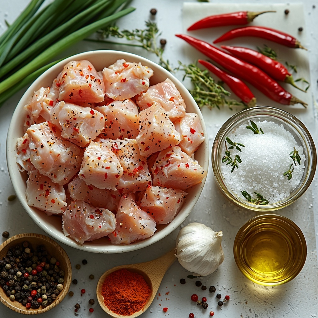 cornflour in a small white ceramic bowl, coarse salt crystals and ground black pepper scattered artistically nearby, a wooden spoon resting beside a small heap of Chinese five-spice powder with warm reddish-brown tones, six raw skinless chicken thigh fillet pieces arranged neatly on parchment paper showing their pale pink, slightly glossy texture, a clear glass measuring cup filled with golden vegetable oil, one peeled onion cut into large, rustic chunks with layers visible, bright red and vivid green chopped chillies placed side by side highlighting their glossy, fresh skin, two garlic cloves peeled and minced finely on a small white plate, three fresh spring onions chopped roughly with vibrant green stalks and white bulbs fanned out slightly, all items arranged on a clean white marble surface with natural soft lighting casting gentle shadows, minimalistic and elegant arrangement emphasizing textures and colors, selective focus with slight depth of field, overhead shot, top down view, flat lay photography, professional food styling --ar 1:1 --q 2 --s 750 --v 6.1