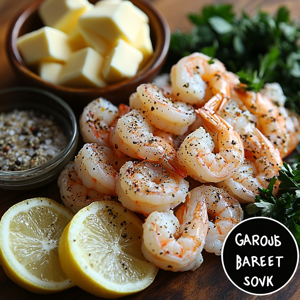/Imagine prompt: A clean, bright wooden surface arranged with the main ingredients for Garlic Butter Shrimp: a cluster of medium peeled and deveined raw shrimp with a slight translucent pink hue; a small mound of coarse kosher salt alongside a night-black ground pepper mill; several rich golden cubes and melted pools of unsalted butter showing creamy texture; five cloves of fresh garlic, some whole and some minced, displaying their white, slightly papery skins and smooth minced bits; a clear glass bowl filled with pale yellow freshly squeezed lemon juice; a small bowl of light golden chicken stock, slightly reflective and translucent; vibrant, finely chopped fresh parsley leaves with deep green color scattered thoughtfully around. The ingredients are spaced evenly on the surface, with subtle natural light casting soft shadows, emphasizing the contrasting colors and textures. Simple, elegant props like a vintage knife and rustic ceramic bowls add warmth without clutter. The overall composition feels fresh and inviting, highlighting each element’s natural beauty. overhead shot, top down view, flat lay photography, professional food styling --ar 1:1 --q 2 --s 750 --v 6.1