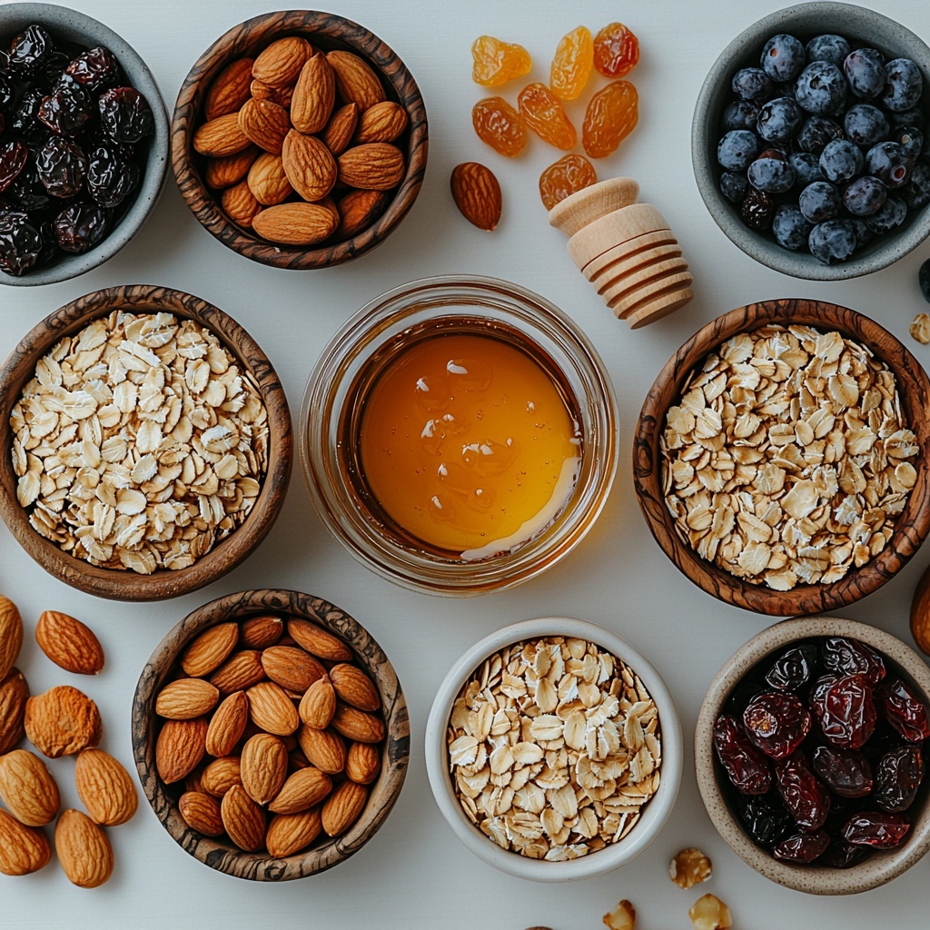 A clean white surface neatly arranged with the main ingredients for no bake granola bars: a rustic wooden bowl filled with golden rolled oats, a small glass jar of smooth creamy nut butter, a clear honey dipper dripping amber honey, a white ceramic bowl holding a colorful mix of dried fruits like cranberries and apricots, a small dish of mixed nuts including almonds and cashews, and a tiny spoon beside a heap of warm brown cinnamon powder. Soft natural light highlights the varied textures—the flaky oats, glossy honey, chunky nuts, and chewy dried fruits—while subtle shadows add depth. The ingredients are spaced evenly with a minimalistic feel, styled with a few scattered oats and nuts around for an organic touch. Overhead shot, top down view, flat lay photography, professional food styling --ar 1:1 --q 2 --s 750 --v 6.1