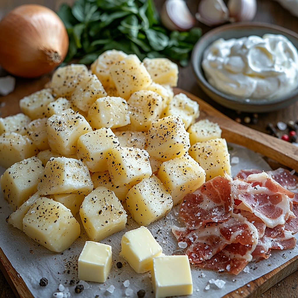yellow Idaho potatoes (whole and roughly chopped), sliced pancetta with crispy edges, whole reblochon cheese wheel cut in half horizontally showing creamy interior, golden butter cubes, small bowl of creamy white whipping cream, thinly sliced translucent onion sprinkled with coarse salt, whole garlic clove halved to reveal texture, small glass of dry white wine reflecting light, scattered coarse salt and black peppercorns on clean matte white surface; ingredients thoughtfully spaced with natural shadows, rustic wooden spoon and vintage knife placed casually nearby, warm natural daylight softly illuminating textures and colors, subtle color contrast between creamy cheese, pink pancetta, yellow potatoes, and white elements, arranged to highlight freshness and richness of each component; overhead shot, top down view, flat lay photography, professional food styling --ar 1:1 --q 2 --s 750 --v 6.1