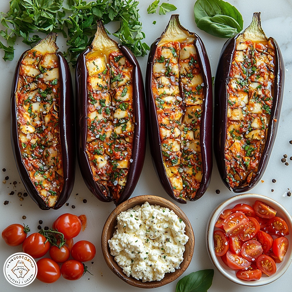 medium eggplants halved lengthwise showing glossy deep purple skin and pale flesh, small bowl of creamy white ricotta cheese, small bowl of shredded mozzarella cheese soft and stringy, small dish of finely grated Parmesan cheese with crumbly texture, two cloves garlic peeled with smooth white surface, bunch of fresh parsley vibrant green leaves roughly chopped, fresh basil leaves bright green and glossy whole and chopped, small bowl of finely chopped red cherry tomatoes juicy and vibrant, small pile of finely chopped pale purple eggplant flesh, small white dish with golden olive oil shimmering, pinch of dried oregano with dusty green texture, small bowl of red pepper flakes optional bright red and coarse, coarse grains of salt and black peppercorns scattered nearby; all ingredients neatly arranged on a clean white marble surface with subtle natural veining, natural daylight softly illuminating from the side creating gentle shadows and highlighting textures, minimalist styling with a few sprigs of herbs placed artfully for color contrast, clean wooden spoon and small rustic bowls adding warmth to composition, overhead shot, top down view, flat lay photography, professional food styling --ar 1:1 --q 2 --s 750 --v 6.1