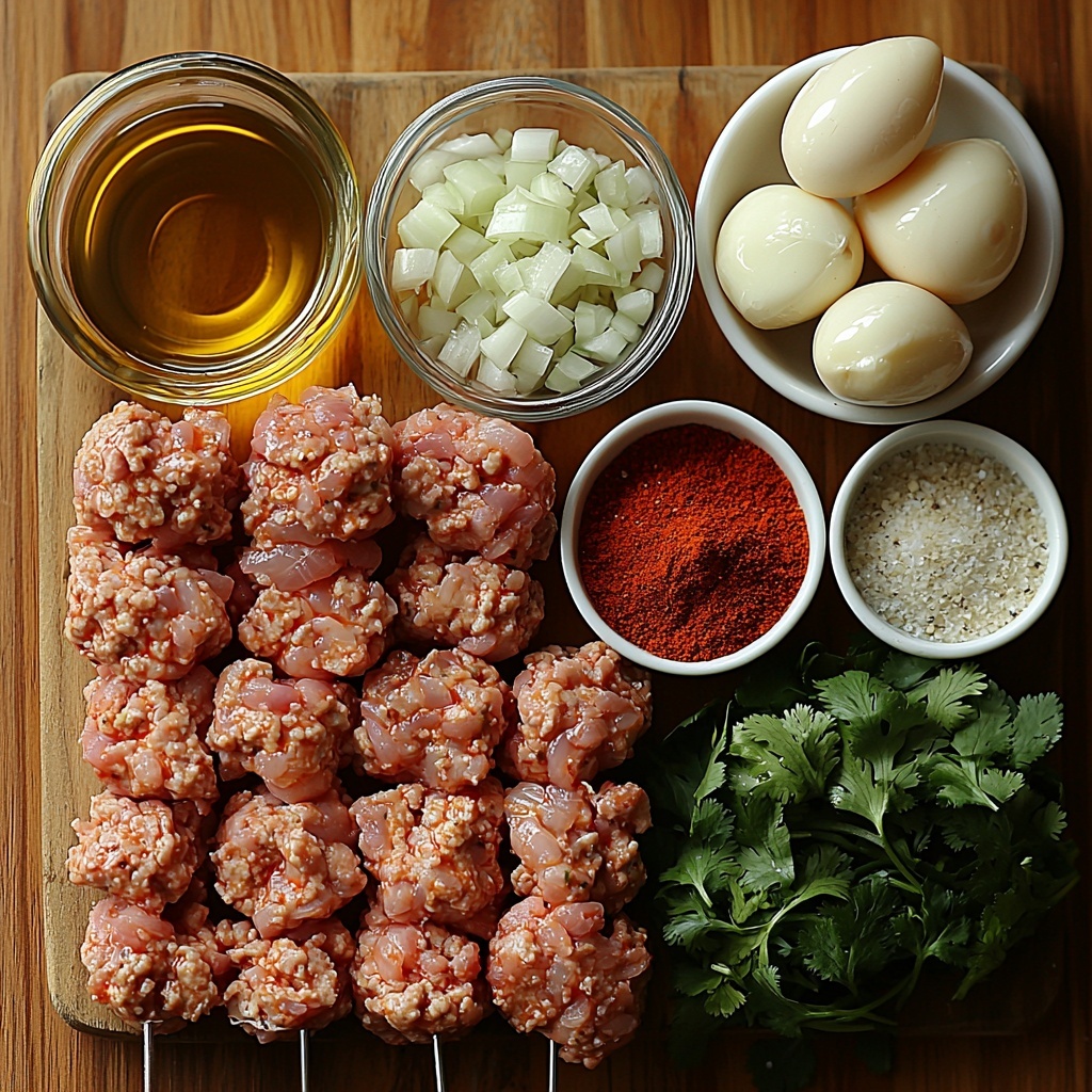 A clean, bright wooden surface with all the main ingredients for grilled ground turkey kabobs carefully arranged in a harmonious flat lay. A small glass bowl of golden vegetable oil with a subtle sheen; a mound of raw, pale pink ground turkey with delicate texture; a small white bowl filled with finely diced white onion pieces; a handful of fresh, vibrant green cilantro leaves laid out loosely; a small white bowl holding a single lightly beaten egg with a glossy surface; three plump garlic cloves, one partially peeled to reveal smooth, creamy white flesh; small white dishes containing fine powders of warm, earthy spices including deep red paprika, orange-brown chili powder, light brown ground coriander, beige ground cumin, light greenish finely ground green chile pepper, and a pinch of coarse black pepper; a small pile of coarse white salt crystals scattered naturally. The colors contrast beautifully — fresh greens, soft pink, warm spice tones, and neutral whites— textured elements range from smooth and glossy to coarse and granular. Natural light casting soft shadows enhances the textures and rich colors, styled with minimal props for an airy, fresh, and appetizing look. Overhead shot, top down view, flat lay photography, professional food styling --ar 1:1 --q 2 --s 750 --v 6.1