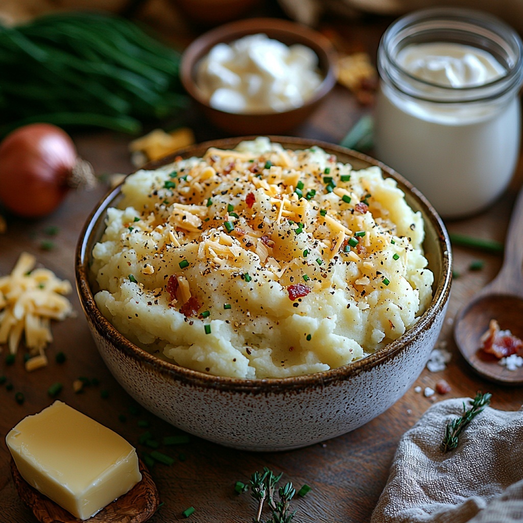 leftover garlic mashed potatoes in a rustic ceramic bowl, creamy and slightly chunky texture, nearby golden butter pat on a small white dish, a medium yellow onion roughly chopped with vibrant translucent white and yellow layers visible, a glass measuring cup filled with clear golden chicken broth, a small pitcher of thick, pale creamy heavy cream, scattered grains of coarse salt and black peppercorns in tiny bowls, optional toppings arranged artfully around: shredded sharp cheddar cheese in a small pile, crispy crumbled bacon pieces, bright green chopped chives, and a dollop of smooth sour cream on a minimalist white plate, everything placed neatly on a clean, light wooden surface with soft, natural lighting highlighting the varied textures and warm earthy colors, subtle shadows adding depth, a few rustic kitchen utensils casually placed to enhance the cozy homemade feel, overhead shot, top down view, flat lay photography, professional food styling --ar 1:1 --q 2 --s 750 --v 6.1