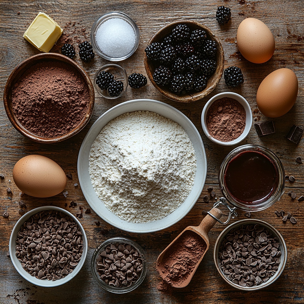 A flat lay of all-purpose flour in a small glass bowl with a light dusting around it, rich dark brown cocoa powder in a neat pile on a white plate, baking powder and baking soda in tiny white ceramic spoons, fine salt granules scattered delicately beside them. A rustic wooden surface underneath showcasing 1 3/4 cups granulated sugar in a clear glass jar shimmering in soft light, two glossy large brown eggs cracked open near a small white bowl, creamy milk in a small glass jug reflecting natural light, smooth neutral oil in a clear measuring cup with subtle golden hues. Warm vanilla extract in a tiny amber bottle with a dropper, a rustic bowl filled with vibrant smashed fresh blackberries bursting with deep purples, softened butter shaped into a neat square on parchment paper. Powdered sugar dusted lightly over a small sieve, additional cocoa powder in a clean white ramekin, a small bowl of rich blackberry puree showing its glossy texture, a teaspoon of vanilla extract beside it. The ingredients arranged symmetrically and spaced evenly on a pristine light gray surface, natural soft daylight highlighting the varying textures – powdery, liquid, creamy, and juicy – with minimal shadows and a clean, airy aesthetic. overhead shot, top down view, flat lay photography, professional food styling --ar 1:1 --q 2 --s 750 --v 6.1