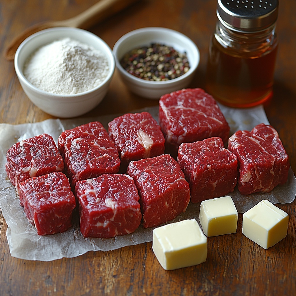 /cube steaks raw, four thick, rich red with marbling, arranged neatly in one corner; small white ceramic bowls containing 3 tablespoons flour, 2 tablespoons olive oil in a glistening golden pool, 3 tablespoons cold unsalted butter in pale yellow chunks; rustic wooden spoon resting near a bowl of mixed spices in fine powder form—brown sugar, black pepper, salt, garlic powder, onion powder, chili powder, paprika—displayed in separate small glass dishes highlighting their varying earthy tones from light beige to deep rusty red; 2 tablespoons cornstarch fine and white in a tiny heap on parchment paper; clear glass measuring cup filled with golden chicken broth beside a similar cup of rich brown beef broth; a single beef bouillon cube, rough and brown, placed on a natural linen napkin; small amber bottle of Worcestershire sauce with label slightly visible; one large yellow onion sliced into neat ½ inch strings laid out fanned next to a polished stainless steel meat tenderizer with textured side; arrangement on a clean, neutral pale grey stone surface that enhances colors and textures, soft natural daylight casting gentle shadows for depth, subtle rustic kitchen props like a folded beige cotton towel and a vintage metal whisk softly blurred in background for atmosphere, overhead shot, top down view, flat lay photography, professional food styling --ar 1:1 --q 2 --s 750 --v 6.1