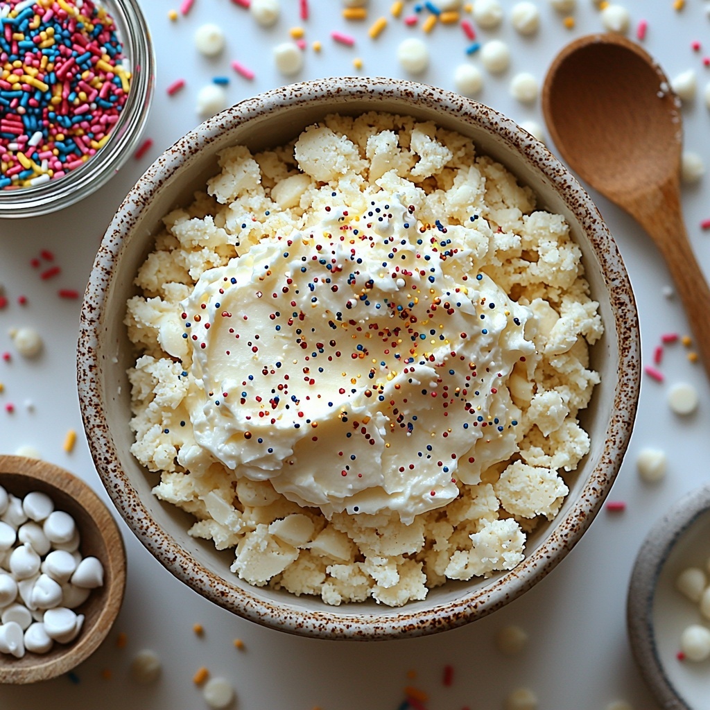 Sugar cookie crumbs in a small rustic bowl with visible crumb texture, half cup of softened cream cheese in a smooth dollop on a white ceramic plate, a clear glass bowl filled with glossy white chocolate chips reflecting light, a small wooden spoon resting beside a tiny dish of colorful rainbow sprinkles, all arranged neatly on a clean, bright white surface. Soft natural lighting highlights the creamy whites, warm beige crumbs, and vibrant sprinkles, with subtle shadows adding depth. Minimalist styling with a hint of rustic charm, slight crumbs scattered gently around the bowl for texture and visual interest, emphasizing purity and freshness. Overhead shot, top down view, flat lay photography, professional food styling --ar 1:1 --q 2 --s 750 --v 6.1