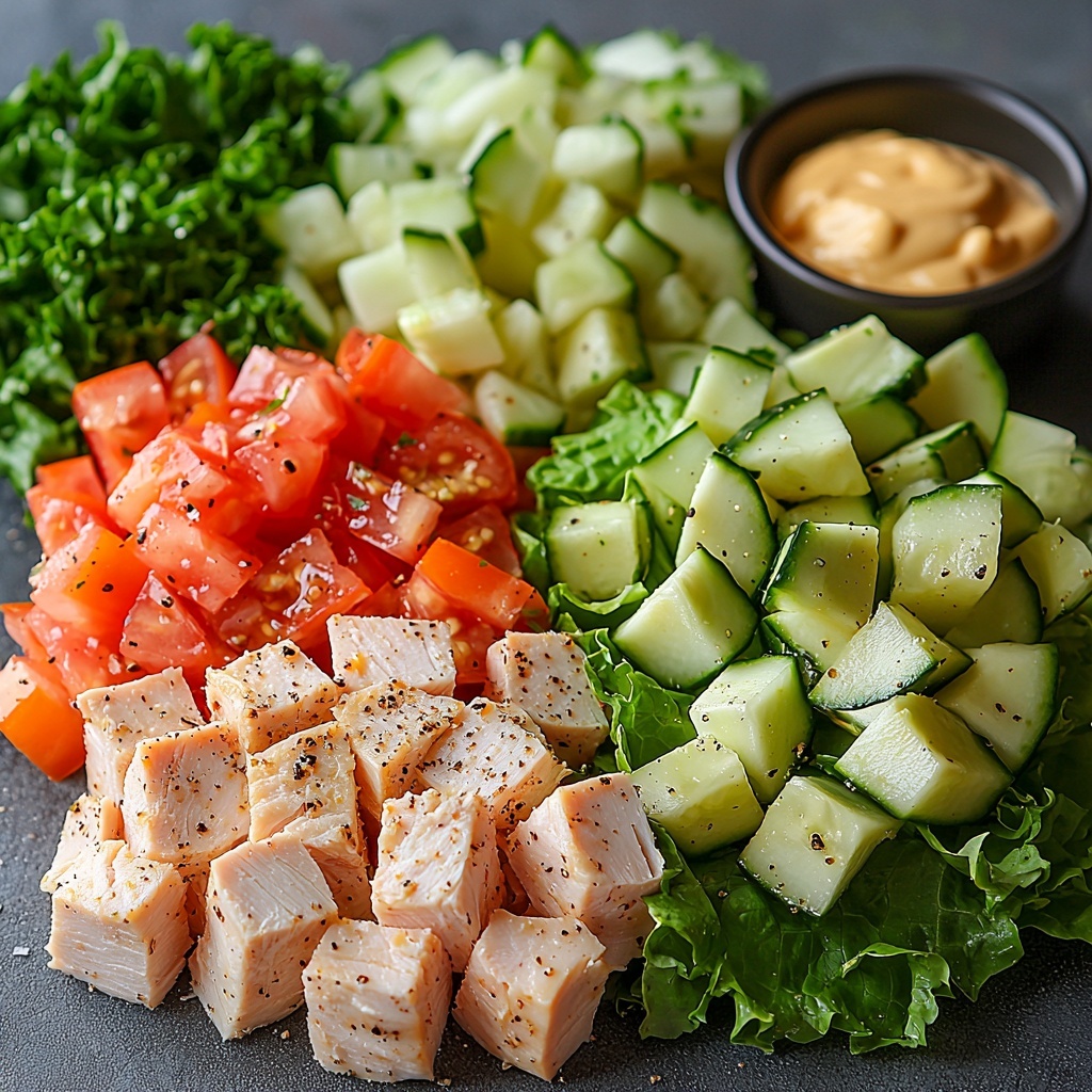 /Imagine prompt: A clean, bright surface artfully arranged with the main ingredients for turkey and cheese lettuce wraps. Crisp, green romaine and butter lettuce leaves fanned out on one side, showcasing their veiny textures and fresh edges. Next to them, thinly folded slices of pale pink turkey breast with delicate marbling, layered loosely to highlight tenderness. Nearby, semi-hard cheese slices in warm tones of creamy yellow cheddar and Swiss with natural holes, stacked neatly. A medium tomato diced into vibrant red cubes, glistening with freshness, contrasting with smooth, rich green avocado slices displayed in a slight curve. Thin, translucent cucumber slices arranged in a small pile with subtle moisture beading. Small dollops or a tiny bowl of golden mustard and creamy white mayonnaise positioned close by, with coarse salt and black pepper sprinkled elegantly on the surface for seasoning accents. The composition balances rustic textures with bright, natural colors on a light neutral background, styled minimally with soft natural lighting to emphasize freshness and inviting simplicity. Overhead shot, top down view, flat lay photography, professional food styling --ar 1:1 --q 2 --s 750 --v 6.1