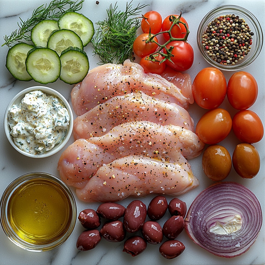 Greek chicken bowl ingredients flat lay on a clean white marble surface: raw chicken breasts with smooth, pale pink skin, small glass bowls of golden olive oil and fresh lemon juice, a small dish with deep red wine vinegar, a bowl of creamy white Greek yogurt, dried oregano and coarse salt and black pepper sprinkled artistically, peeled and sliced crisp light green cucumbers fanned out, vibrant red grape tomatoes clustered in a small pile, thinly sliced translucent purple-red half red onion arranged in a neat stack, glossy dark purple Kalamata olives in a rustic ceramic bowl, crumbled bright white feta cheese scattered loosely, fresh tzatziki sauce in a small white bowl showing creamy texture with flecks of green dill and grated cucumber, fresh chopped dill sprigs and peeled garlic cloves artfully placed nearby. The colors pop vividly against the marble, textures range from smooth and creamy to crisp and juicy, composition balanced with natural light highlighting freshness, minimalistic and clean styling with slight shadows for depth, emphasizing Mediterranean freshness and wholesome ingredients. overhead shot, top down view, flat lay photography, professional food styling --ar 1:1 --q 2 --s 750 --v 6.1