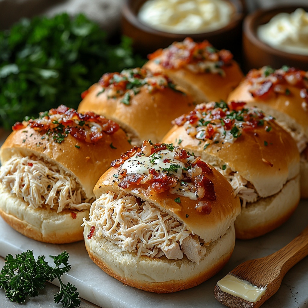 2 cups cooked shredded chicken, 8 crispy bacon slices, 1/2 cup creamy ranch dressing in a small bowl, 1 cup shredded cheddar and mozzarella cheese mix, 12 soft slider buns arranged in a neat stack, small dish with 2 tablespoons melted butter; all ingredients thoughtfully spread out on a clean white marble surface with natural light casting soft shadows; vibrant warm tones highlighting the golden buns and crispy bacon, contrasting with the creamy ranch and tender shredded chicken; textures emphasized from flaky bacon to fluffy buns and melty cheese; styled with fresh parsley sprigs and a rustic wooden butter brush placed nearby for a cozy, inviting feel; minimalistic, bright, and airy composition with balanced spacing between elements, overhead shot, top down view, flat lay photography, professional food styling --ar 1:1 --q 2 --s 750 --v 6.1