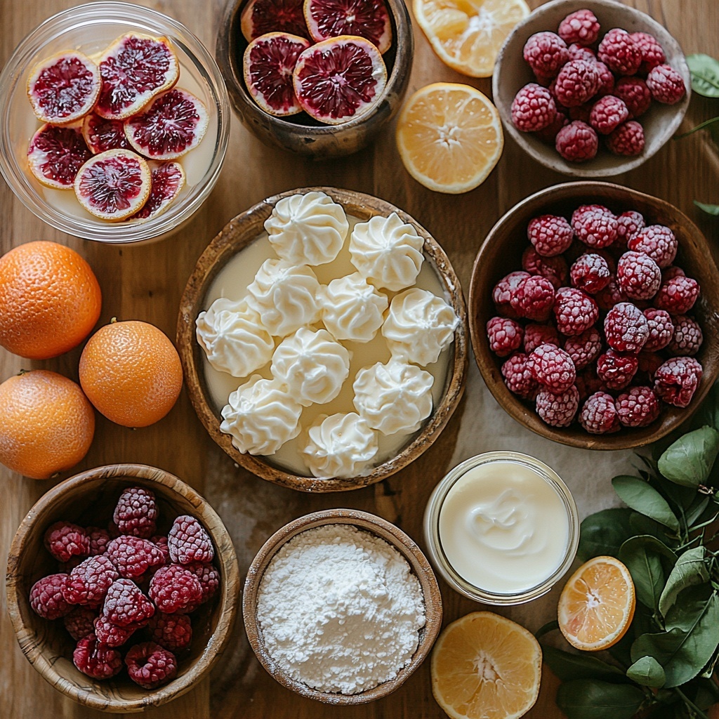 A clean, bright white surface with all the main ingredients for Blood Orange Panna Cotta neatly arranged in an inviting flat lay composition. Include a small bowl of unflavored gelatin powder next to a clear glass of cold water. A small pitcher or bowl containing smooth, creamy whipping cream and a separate cup with whole milk. A rustic ceramic bowl filled with fine granulated sugar, nearby a small pile of fresh blood orange zest showing vibrant deep orange and red hues. A generous bowl of thick, creamy full-fat Greek yogurt with a soft texture. A clear small glass bowl holding freshly squeezed blood orange juice with rich red-orange color. A tiny glass dish with golden vanilla extract. For the topping, a cluster of plump, fresh raspberries in vivid red, next to a small bowl of granulated sugar and a lemon wedge or small bowl of bright lemon juice. Arrange everything with space between items for visual balance, natural soft lighting highlighting textures—the creamy smoothness, juicy brightness, and delicate powders. Subtle shadows add depth, with a minimalist aesthetic and slight rustic warmth from small wooden or ceramic bowls. Overhead shot, top down view, flat lay photography, professional food styling --ar 1:1 --q 2 --s 750 --v 6.1