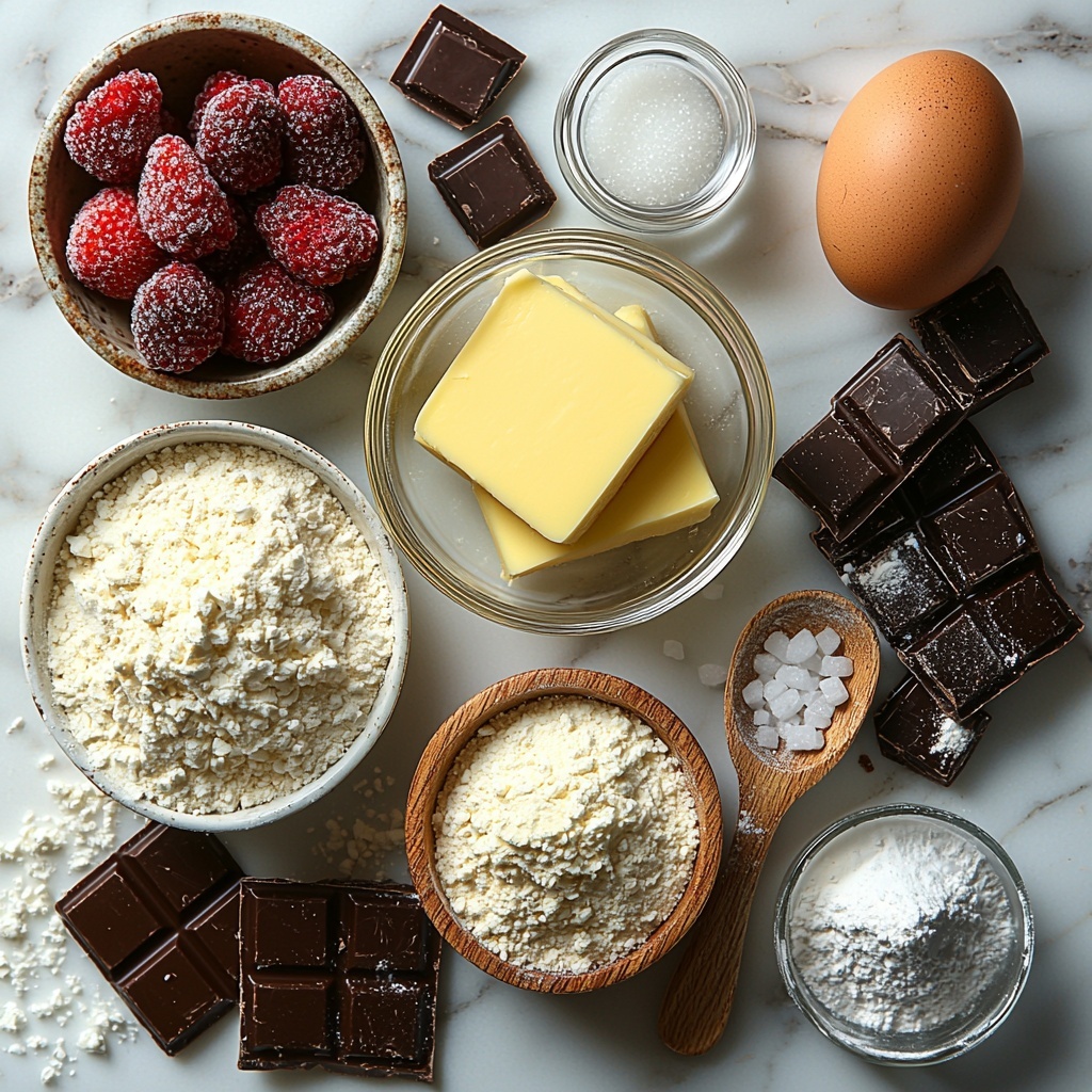Butter softened in a small glass bowl showing smooth creamy texture, a white ceramic bowl filled with granulated sugar sparkling under soft light, a separate bowl with fine powdered sugar dusted lightly, a large brown egg with a smooth shell, a small glass jar of golden vanilla extract with a wooden spoon beside it, a neat mound of all-purpose flour with a dusting effect on a white surface, a small wooden scoop with white baking powder, a tiny heap of fine salt crystals, crushed freeze-dried strawberries in a rustic bowl showing vibrant deep pink and red pieces, and several shiny unwrapped chocolate kisses arranged artfully on a clean white marble countertop. The ingredients are spaced evenly with natural shadows, some flour powder softly scattered around for texture. The colors contrast beautifully with the clean surface — soft creams, whites, pink reds, and dark chocolates — creating an inviting, fresh, and delicate composition. Overhead shot, top down view, flat lay photography, professional food styling --ar 1:1 --q 2 --s 750 --v 6.1