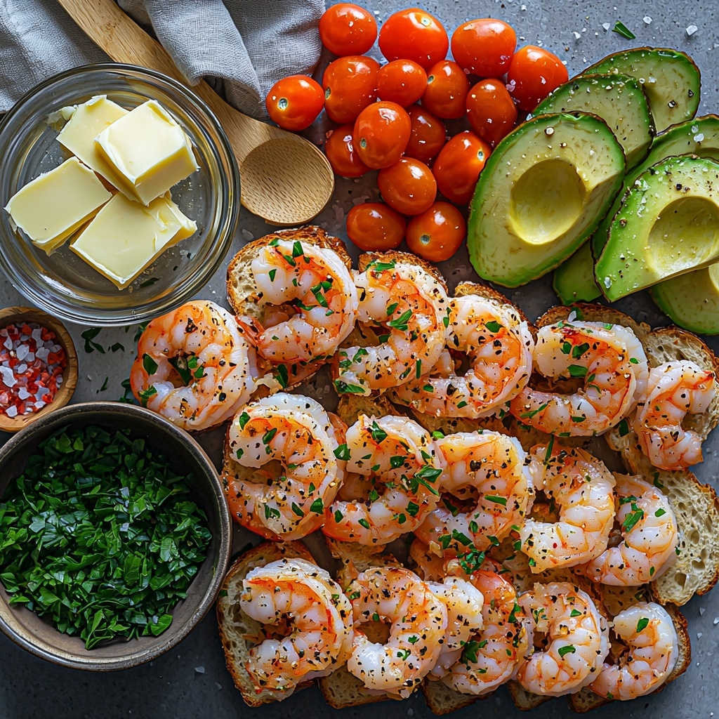 A clean white surface with all main ingredients for garlic shrimp and avocado crostini artfully arranged in a balanced flat lay composition: 1 French baguette sliced into thin 1/3-inch pieces showcasing the crusty golden texture, a small bowl of rich, golden melted unsalted butter, three peeled and minced garlic cloves with a slightly rough texture, a diced shallot with its pale purple layers visible, a cluster of raw medium shrimp peeled and deveined, their pinkish translucent shells contrasting with smooth, vibrant diced avocado halves, two cups of glossy halved cherry tomatoes with bright red and orange hues, a small heap of finely chopped fresh green parsley leaves, a small glass bowl of freshly squeezed lemon juice gleaming with light, and small piles of coarse kosher salt and freshly ground black pepper scattered artfully nearby. The arrangement is clean and fresh with natural light casting soft shadows, highlighting the vivid colors and varied textures, styled with minimal props, using neutral linen napkins and a simple wooden spoon to add warmth and a rustic touch. Overhead shot, top down view, flat lay photography, professional food styling --ar 1:1 --q 2 --s 750 --v 6.1
