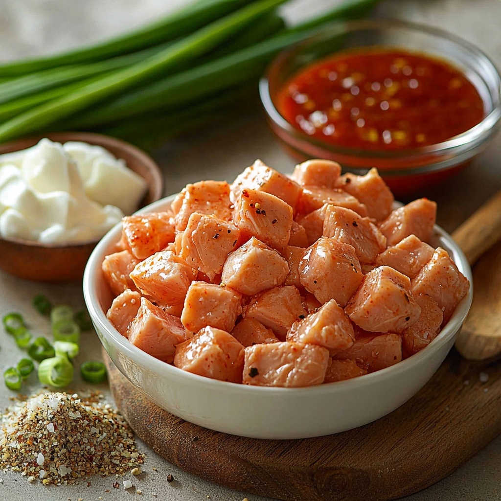 2 pounds cubed raw chicken breast in a small white ceramic bowl, 1/2 cup creamy whole-egg mayonnaise in a glass ramekin, 1/2 cup glossy bright red sweet chili sauce in a small dish, small piles of fine garlic powder and onion powder on a clean wooden board, coarse grains of salt and cracked black pepper scattered artistically nearby, a bunch of vibrant green onions fresh and finely chopped with some whole stalks laid out beside the ingredients, all arranged neatly on a smooth light beige surface with soft natural daylight casting gentle shadows, emphasizing the fresh textures and rich colors of the ingredients, styled with minimal rustic props like a neutral linen napkin and wooden spoon, overhead shot, top down view, flat lay photography, professional food styling --ar 1:1 --q 2 --s 750 --v 6.1