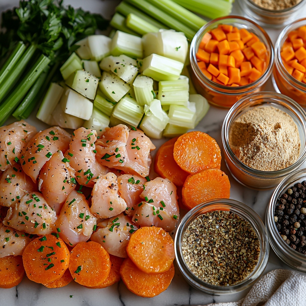 boneless skinless chicken thighs, sliced carrots, sliced celery stalks, sliced onion, cup of chicken stock in a clear glass measuring cup, small bowls containing au jus mix powder, chicken gravy mix powder, garlic powder, onion powder, black pepper, all ingredients neatly arranged on a clean white marble surface, vibrant orange carrots, fresh green celery, translucent white onion slices showing layers, raw chicken thighs with a soft pink texture, powders in delicate ceramic bowls with fine texture visible, glass measuring cup reflecting light softly, natural daylight enhancing colors and textures, minimal shadows, crisp focus highlighting freshness and contrast, balanced composition with ingredients spaced evenly to create visual harmony, subtle rustic kitchen styling with a light linen napkin and wooden spoon on the side, overhead shot, top down view, flat lay photography, professional food styling --ar 1:1 --q 2 --s 750 --v 6.1