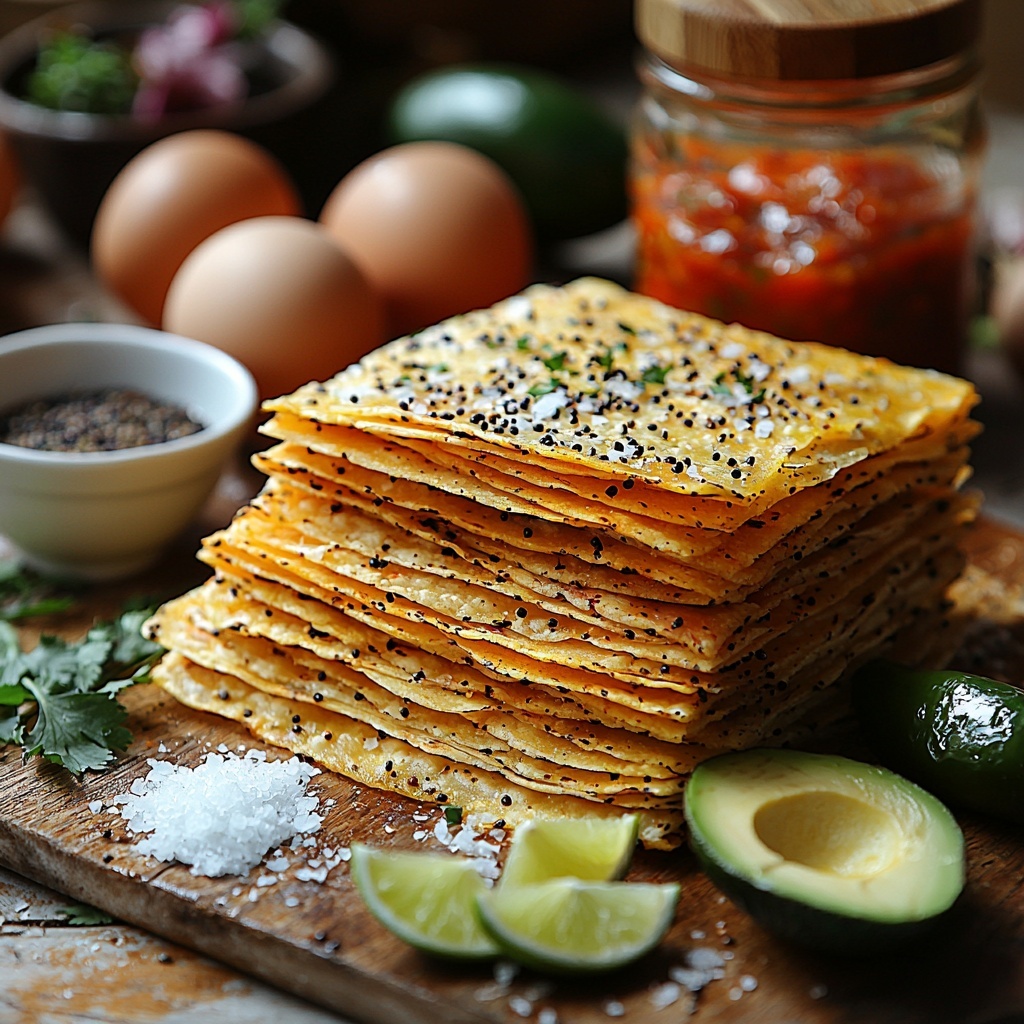 corn tortillas stacked and fanned out, small and golden with slightly crisp edges; extra-virgin olive oil in a small glass bowl with a slight sheen; coarse kosher salt crystals scattered delicately; freshly ground black pepper in a wooden pepper grinder and some loose peppercorns; a white bowl with rinsed black beans, some mashed and slightly chunky texture visible; a small puddle of water next to the beans; shredded pepper jack cheese scattered artfully in a small heap with orange and white marbled texture; one avocado half, vibrant green and creamy with smooth surface, the other half pitted and flesh exposed; a small wedge of lime with bright green skin and juicy interior; chopped fresh cilantro sprinkled around loosely, bright leafy green; six large brown eggs with smooth shells in a rustic carton; jar of pickled jalapeños showing glossy green slices; small bowl of pickled red onions with vivid magenta color and translucent layers; bowl of rich red salsa with visible tomato chunks and herbs; all arranged neatly on a clean light wooden surface with natural soft daylight highlighting fresh textures and vibrant colors, subtle shadows adding depth, minimal rustic props, overhead shot, top down view, flat lay photography, professional food styling --ar 1:1 --q 2 --s 750 --v 6.1
