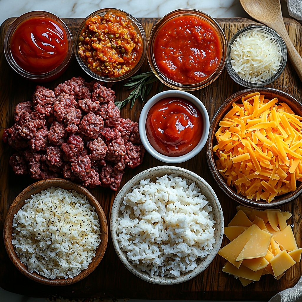 Flat lay photography of main ingredients for Bacon Cheeseburger Rice Skillet arranged neatly on a clean white marble surface: raw ground beef in a small rustic bowl showcasing rich red and marbled texture; half a yellow onion diced finely on a wooden cutting board highlighting its pale golden layers; a small white ramekin with minced garlic, creamy white and finely minced; a heap of seasoned salt with visible herbs and spices near a vintage teaspoon; an open glass jar of vibrant red tomato sauce with glossy texture; a small bowl of bright red ketchup and a dollop of smooth yellow mustard side by side on a ceramic dish; a neat mound of fluffy, dry minute rice grains with soft off-white color; a clear glass measuring cup filled with dark amber beef broth reflecting light; cooked bacon strips chopped into crumbles piled in a small bowl, showing crispy texture and reddish brown hues; a bowl of shredded cheddar cheese with rich orange color and soft texture scattered partially around; all ingredients spaced evenly with natural lighting emphasizing colors and textures, minimal shadows, subtle rustic props like a linen napkin and wooden spoon nearby to enhance warmth and hominess, overhead shot, top down view, flat lay photography, professional food styling --ar 1:1 --q 2 --s 750 --v 6.1