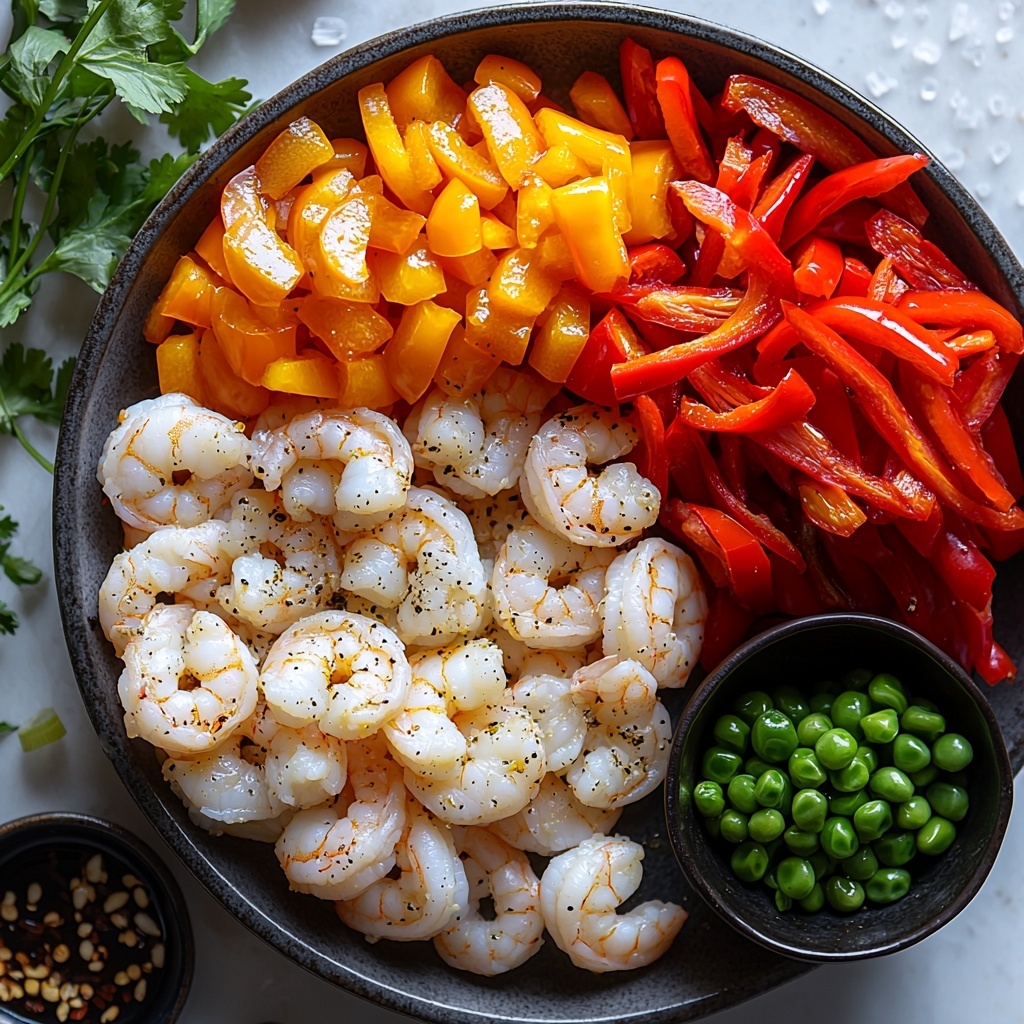 /Imagine prompt: A clean white surface neatly arranged with the main ingredients for garlic chili shrimp stir-fry: plump, raw large shrimp peeled and deveined, glistening and pinkish-white; a small rustic bowl of golden olive oil reflecting light; several cloves of garlic, peeled and minced, showcasing their creamy texture; vibrant red and green fresh chili peppers thinly sliced, adding a pop of bright color; crisp, sliced red and green bell pepper strips with glossy skin; a handful of fresh snap peas with a rich green hue and smooth texture; a small dish of dark, glossy soy sauce beside a tiny bowl of rich, amber oyster sauce; scattered coarse salt crystals and freshly ground black peppercorns adding subtle texture; fresh sprigs of bright green cilantro and chopped green onions arranged artfully to suggest garnish. The ingredients are spaced with balanced negative space, creating a colorful, harmonious composition emphasizing textures and freshness. Soft, natural lighting from the side highlights the glossy sheen on the shrimp and peppers, with gentle shadows adding depth. Overhead shot, top down view, flat lay photography, professional food styling --ar 1:1 --q 2 --s 750 --v 6.1