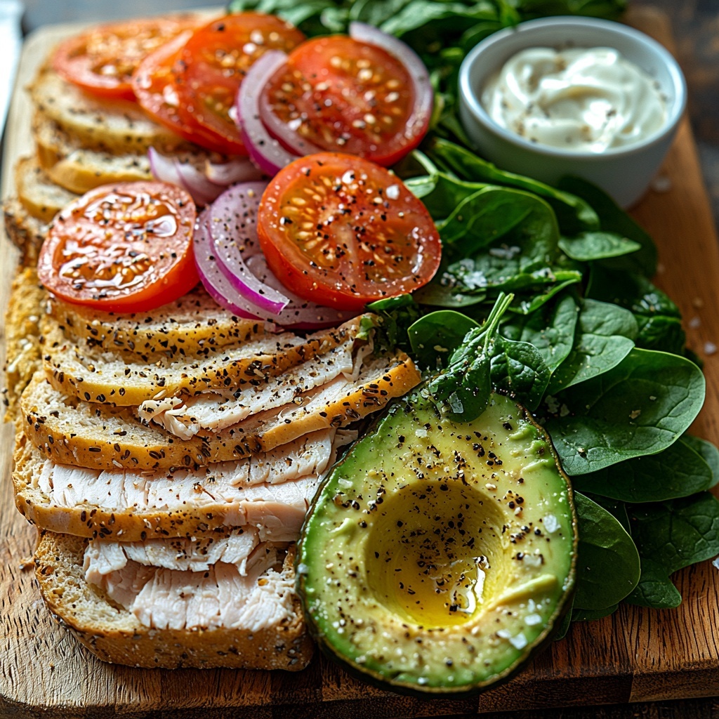 fresh whole-grain bread slices stacked neatly on one side, golden-brown with visible seeds; thinly sliced turkey breast arranged in soft folds showing tender pink and white hues; a ripe avocado smashed with vibrant green creamy texture, spread partially on a small rustic wooden board; fresh spinach leaves bright green and crisp, loosely piled nearby; juicy red tomato slices showing glossy, rich red color and seeds, fanned out elegantly; thinly sliced red onions with translucent purple rings arranged in a small neat pile; a small white bowl with creamy mayonnaise or Greek yogurt, smooth and glossy; a halved lemon with bright yellow flesh showing juice droplets; coarse salt crystals and cracked black peppercorns sprinkled artistically around; all ingredients on a clean, light wooden surface with natural soft daylight, minimal shadows, styled with a linen napkin and simple silver knife for texture contrast; overhead shot, top down view, flat lay photography, professional food styling --ar 1:1 --q 2 --s 750 --v 6.1