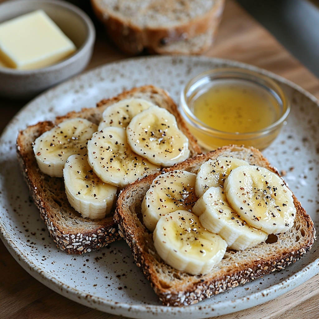 2 slices rustic whole grain and brioche bread with visible seeds and soft texture, a ripe banana sliced into thin even rounds showing creamy yellow interior, 2–3 slices of mozzarella and mild cheddar cheese with smooth, slightly glossy surfaces, small dish of golden honey glistening under light, a tiny bowl with soft unsalted butter in pale cream color, pinch of ground cinnamon powder sprinkled artfully on white ceramic plate, delicate pinch of coarse sea salt crystals in a small glass ramekin; all carefully arranged on a clean, light wooden surface with natural soft shadows enhancing textures; slight honey drizzle artistically placed on banana slices; vibrant yet warm color palette; rustic and inviting mood; overhead shot, top down view, flat lay photography, professional food styling --ar 1:1 --q 2 --s 750 --v 6.1
