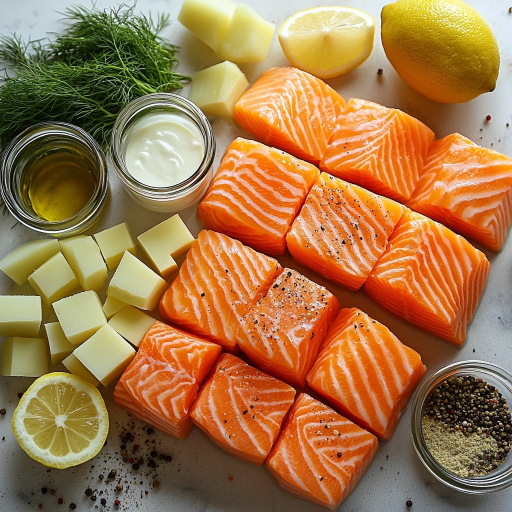 Fresh salmon fillet chunks with vibrant pink flesh, peeled and cubed Yukon Gold potatoes in warm yellow tones, finely chopped translucent onion, minced garlic cloves, diced bright orange carrots, and chopped fresh green celery stalks. Small bowl of olive oil or butter with a glossy sheen, fresh sprigs of chopped dill in a small heap, a single bay leaf with muted green color, a small ramekin of dried thyme powder with earthy brown tones, lemon half sliced showing bright yellow juicy interior. Glass containers of creamy white whole milk and heavy cream, and a clear bowl of low-sodium fish stock with a light golden hue. Ingredients meticulously arranged on a clean white surface with soft natural lighting, subtle shadows enhancing textures of fresh vegetables and fish, minimalistic styling with delicate crumbs of cracked black pepper scattered lightly around, emphasizing freshness and homeliness. Overhead shot, top down view, flat lay photography, professional food styling --ar 1:1 --q 2 --s 750 --v 6.1