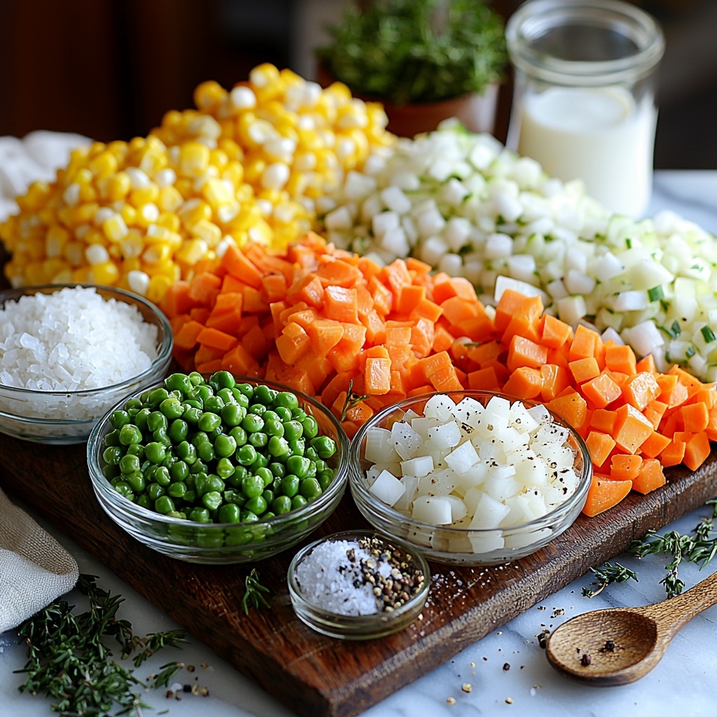2 cups mixed vegetables including bright orange carrots, vibrant green peas, and golden yellow corn kernels, fresh medium onion chopped into small white and purple-tinged pieces, two cloves garlic minced finely with creamy white color and papery texture, a small glass bowl of rich golden olive oil, a rustic measuring cup filled with creamy white heavy cream, a clear glass container of translucent amber vegetable broth, small bowls of coarse sea salt and freshly ground black peppercorns scattered nearby, all ingredients artfully arranged on a clean white marble surface with natural light highlighting their vivid colors and varied textures, wooden spoon and linen napkin placed subtly to add warmth and authenticity, slight shadows for depth, minimalistic and elegant styling emphasizing freshness and simplicity — overhead shot, top down view, flat lay photography, professional food styling --ar 1:1 --q 2 --s 750 --v 6.1