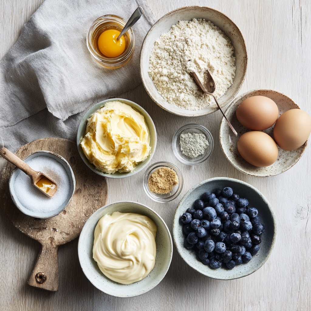 Soft butter (100g) in a small white ceramic bowl, golden yellow and creamy texture; light brown sugar (80g and 5 tbsp) loosely piled beside it, sparkling grains catching light; two smooth brown eggs at room temperature, one cracked open with bright yolk visible in a glass bowl; rye flour (150g) spread in a neat mound on a rustic wooden board, fine and slightly coarse texture, with a small wooden scoop; small glass bowls containing pale greenish-grey cardamom powder, fine white salt, and off-white baking powder arranged neatly; two bowls of creamy dairy — one with thick crème fraîche (150g), pure white and velvety, the other sour cream (100g) slightly denser with soft peaks; a small glass jar with golden amber vanilla essence; vibrant wild blueberries (250g), deep indigo with a subtle powdery bloom, clustered naturally on a matte ceramic plate; everything meticulously arranged on a clean, light natural wood surface, soft natural daylight enhancing the textures and colors, styled with minimal linen napkins and a small vintage spoon for a warm, inviting Scandinavian kitchen feel — overhead shot, top down view, flat lay photography, professional food styling --ar 1:1 --q 2 --s 750 --v 6.1