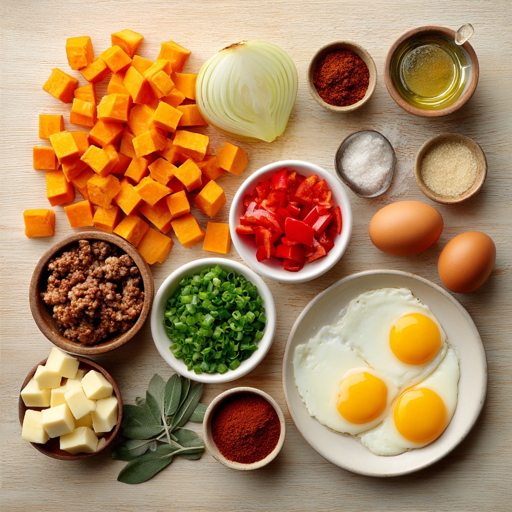 A clean, light wooden surface featuring an artfully arranged flat lay of ingredients for a hearty sweet potato breakfast hash. Vibrant orange cubed sweet potatoes neatly piled beside a small bowl of golden olive oil, adjacent to a halved and diced yellow onion with translucent layers visible. Bright red diced bell pepper pieces scattered nearby, next to three peeled garlic cloves and a small heap of finely minced garlic. A rustic bowl holds crumbled breakfast sausage with rich browned textures. Fresh, deep green chopped sage leaves and vibrant green chopped green onions sprinkled around for freshness. Small dishes contain golden unsalted butter cubes and amber maple syrup with a glossy finish. Scattered spices include smoked paprika with a warm reddish hue, onion powder, and garlic powder in delicate piles of off-white powders. Four large eggs with bright yellow yolks, fried or poached, placed on a clean white ceramic plate, showcasing smooth whites and glossy yolks. The composition balances warm autumnal tones of orange, red, brown, and green against the neutral natural background. Soft, diffused natural light enhances textures and colors, with subtle shadows adding depth. Overhead shot, top down view, flat lay photography, professional food styling --ar 1:1 --q 2 --s 750 --v 6.1