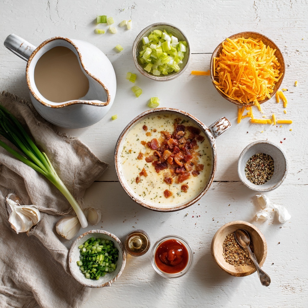 half pound chopped crispy bacon, one medium finely chopped onion, three finely chopped celery ribs, two minced garlic cloves, four tablespoons creamy butter, one cup all-purpose flour, three cups clear chicken stock in glass jug, four cups fresh milk in ceramic pitcher, one pound sharp grated cheddar cheese vibrant orange-yellow, one tablespoon bright red Tabasco sauce in small bowl, one tablespoon dark Worcestershire sauce in small bowl, half cup pale golden lager beer in clear bottle, kosher salt and freshly ground black pepper in rustic salt and pepper shakers, small bunch fresh chopped green onions and chives scattered, all ingredients neatly arranged in separate bowls and small dishes on clean white or light wood surface with soft natural daylight, subtle shadows, warm inviting tones, textured fabrics like linen napkin nearby, minimalistic and airy composition, emphasis on contrasting colors and textures, overhead shot, top down view, flat lay photography, professional food styling --ar 1:1 --q 2 --s 750 --v 6.1