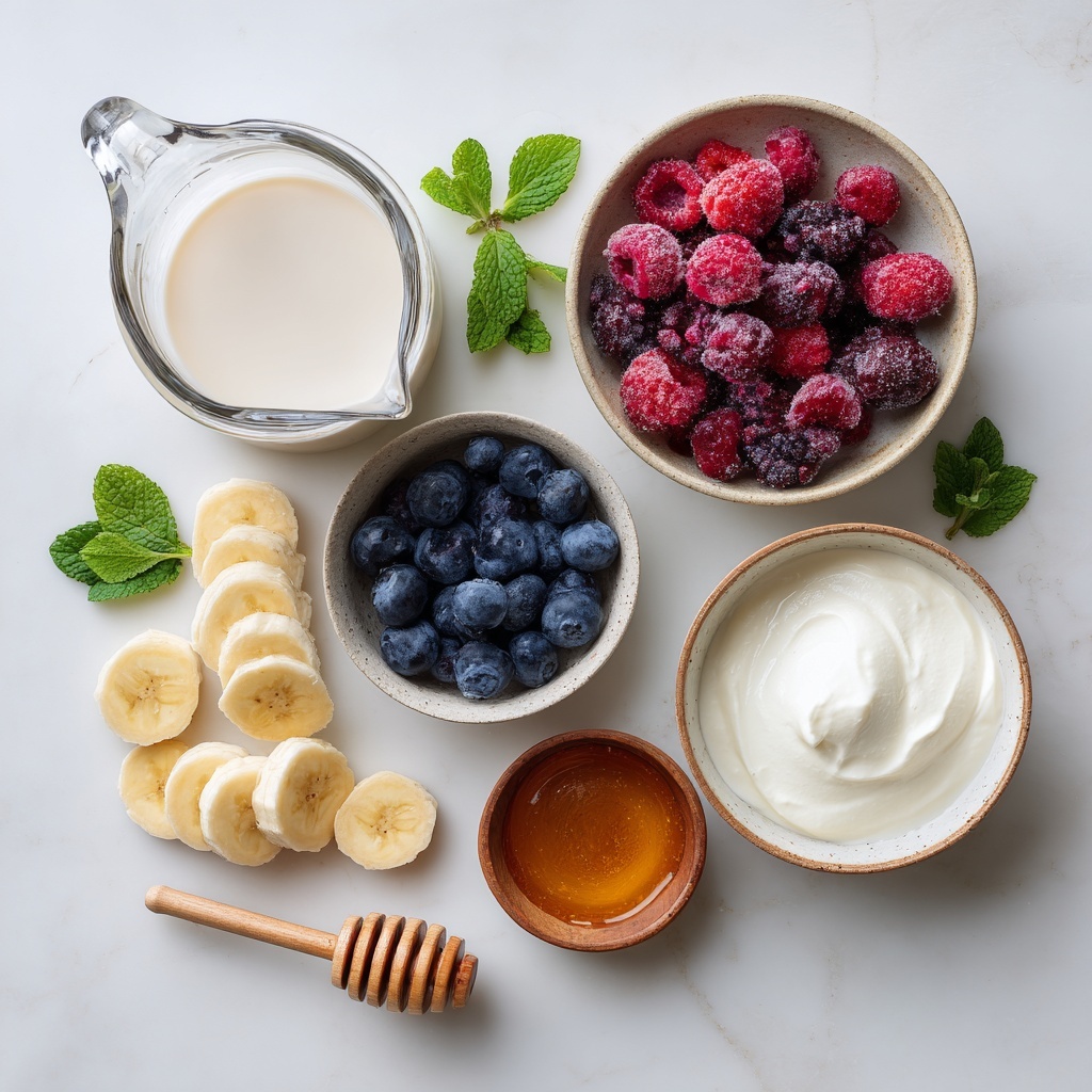 A clean white surface with ingredients for a berry smoothie arranged neatly in a flat lay style: a clear glass measuring cup filled with creamy milk or juice (options like coconut, almond, oat, soy milk, or light-colored apple, cranberry, or orange juice visible), a small bowl of vibrant frozen mixed berries in deep reds, blues, and purples showing icy texture, a ripe banana sliced into neat rounds with soft yellow and white tones, a rustic white bowl containing creamy plain or vanilla Greek yogurt with a smooth surface, a small wooden dish with golden honey or amber maple syrup glistening under natural light, a wooden honey dipper resting alongside, all items spaced evenly with subtle shadows adding depth. Fresh green mint leaves and a few scattered fresh mixed berries lend pops of color and freshness. The overall composition is bright, clean, and inviting with natural daylight highlighting the textures and vibrant colors, styled for an elegant, minimalist food photography look. Overhead shot, top down view, flat lay photography, professional food styling --ar 1:1 --q 2 --s 750 --v 6.1