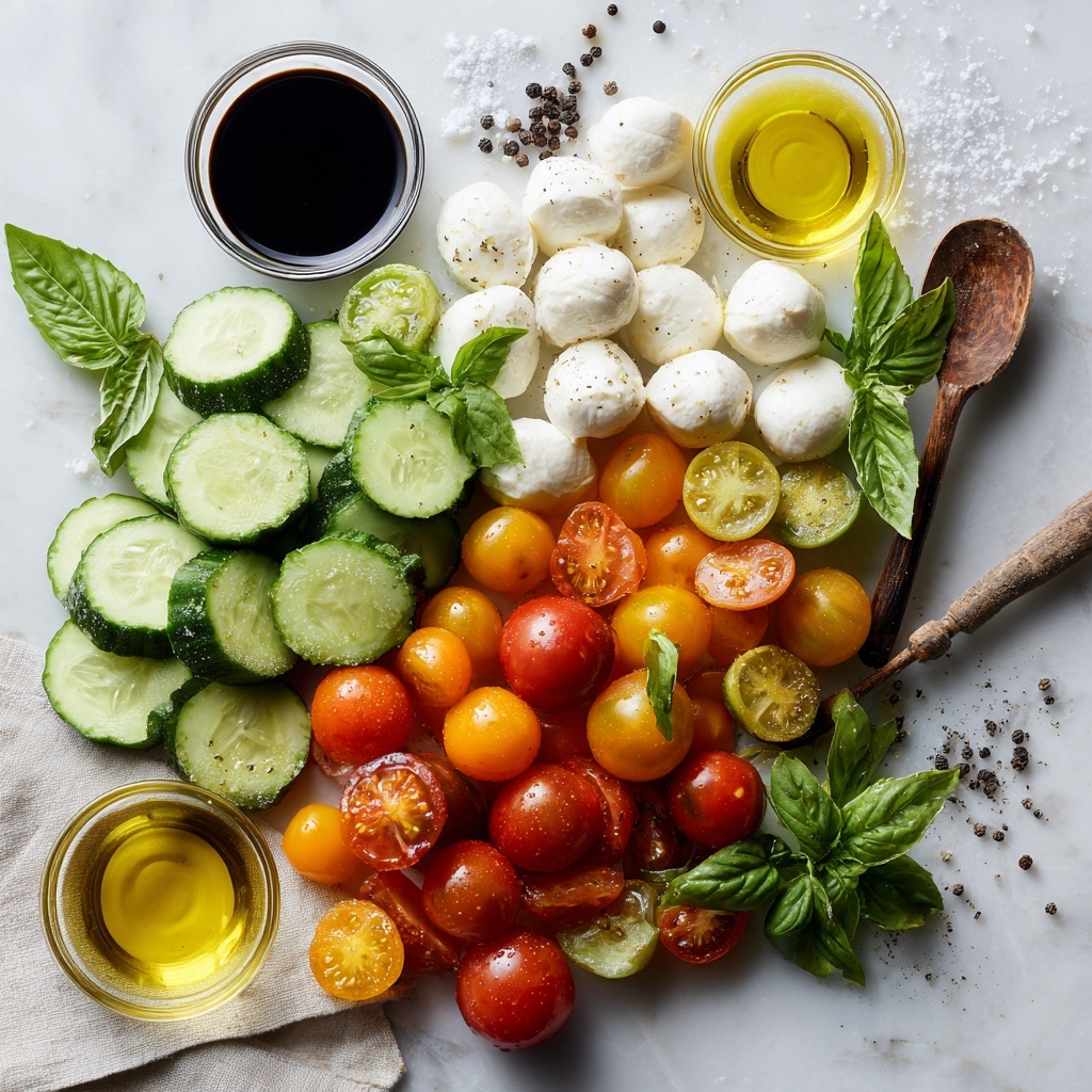 cherry tomatoes halved showing vibrant red and orange hues, fresh cucumber sliced into translucent green half-moons with crisp textures, fresh mozzarella bocconcini balls halved revealing soft creamy white interiors, scattered fresh basil leaves bright green torn pieces, small glass bowls of golden extra virgin olive oil and dark glossy balsamic glaze, coarse salt crystals and cracked black peppercorns sprinkled near ingredients, all meticulously arranged on a clean white marble surface that enhances natural colors, natural soft daylight illuminating fresh, juicy textures with gentle shadows, balanced composition with ingredients spaced evenly yet organically, complementing rustic wooden utensils and a folded linen napkin adding warmth and contrast, emphasis on freshness and summer vibes, overhead shot, top down view, flat lay photography, professional food styling --ar 1:1 --q 2 --s 750 --v 6.1