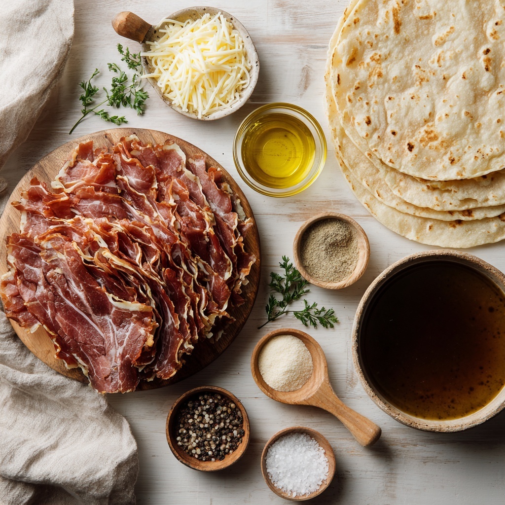 Thinly sliced roast beef arranged in delicate overlapping layers showing rich pink and brown marbled textures; a small bowl of shredded mozzarella or provolone cheese with soft, creamy white shreds; four large, soft flour tortillas stacked neatly to one side with a slightly rustic, flour-dusted surface; a small glass ramekin of golden melted butter glistening under soft light; scattered dried parsley leaves adding deep green pops of color; small wooden spoons holding garlic powder and onion powder, fine and powdery with pale beige and off-white hues; a rustic ceramic bowl filled with dark, rich beef broth infused with Worcestershire sauce and soy sauce, showing a glossy, deep brown surface; small piles of coarse salt and cracked black peppercorns on minimalistic white ceramic spoons; all ingredients meticulously spaced on a clean, neutral-toned wooden surface for a warm and inviting atmosphere, styled with natural light and subtle shadows to highlight the contrasting textures and colors, accented with a soft linen napkin casually draped nearby for an organic touch. Overhead shot, top down view, flat lay photography, professional food styling --ar 1:1 --q 2 --s 750 --v 6.1