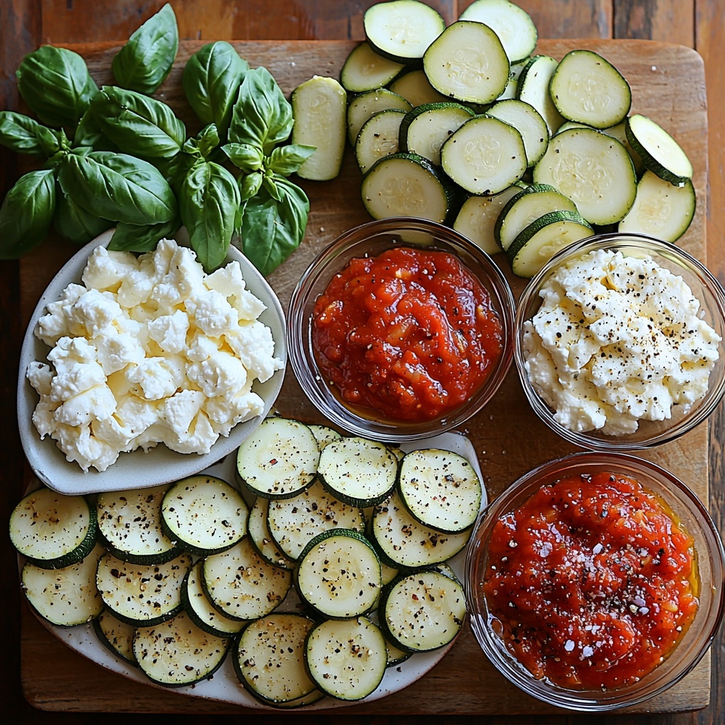 A clean light wooden surface arranged with fresh ingredients for zucchini ricotta melts: two medium zucchinis sliced into thin rounds displayed neatly on a small white plate, a small bowl filled with creamy whole milk ricotta cheese showing soft texture, a clear glass bowl of shredded mozzarella cheese with delicate strings, a small white ramekin of vibrant red marinara sauce glistening, a handful of bright green chopped fresh basil scattered artfully nearby, a small glass dish with golden extra virgin olive oil reflecting light, salt and pepper grains in tiny ceramic spoons adding subtle texture. Soft natural lighting highlights the varied textures and fresh colors — the creamy whites, rich reds, fresh greens, and pale yellow oil — all arranged with balanced spacing and minimalistic styling on a clean surface. Overhead shot, top down view, flat lay photography, professional food styling --ar 1:1 --q 2 --s 750 --v 6.1