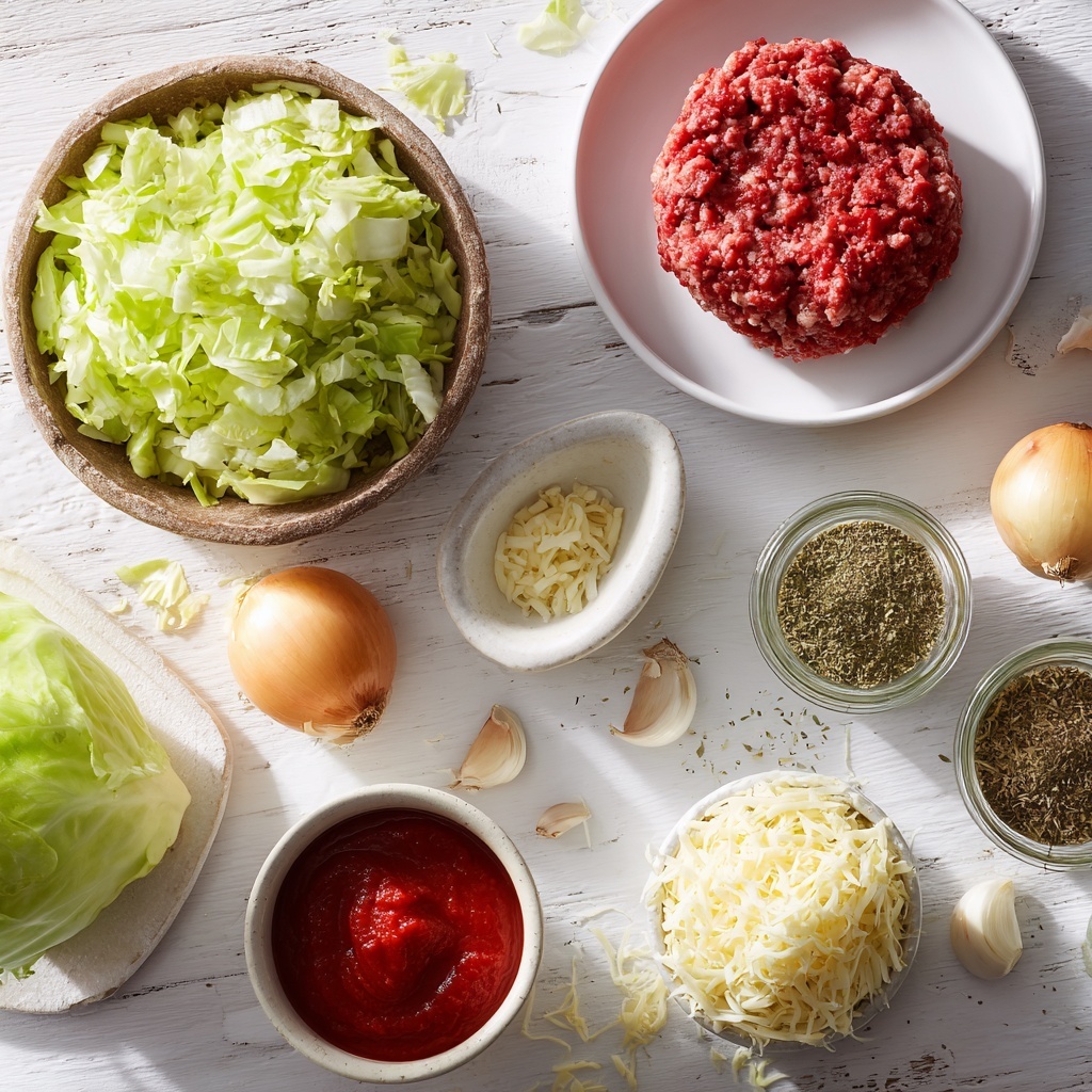 A clean wooden surface neatly arranged with fresh bright green chopped cabbage in a small rustic bowl, a medium yellow onion with papery skin partially peeled, three peeled garlic cloves beside a small mortar with minced garlic, a raw lean ground beef patty with rich red color and visible texture on a white ceramic plate, an open can of vibrant red diced tomatoes with juice glistening, a glossy white cup filled with smooth low-sugar tomato sauce, small vintage glass jars of dried oregano and dried basil with earthy green herb flakes visible, and a mound of shredded cheese with soft, creamy texture and pale yellow tones on a small white dish. Soft natural light highlights the varied textures and colors, subtle shadows add depth, minimal props for a clean, fresh, rustic yet modern feel, arranged thoughtfully and spaced evenly for visual balance. Overhead shot, top down view, flat lay photography, professional food styling --ar 1:1 --q 2 --s 750 --v 6.1