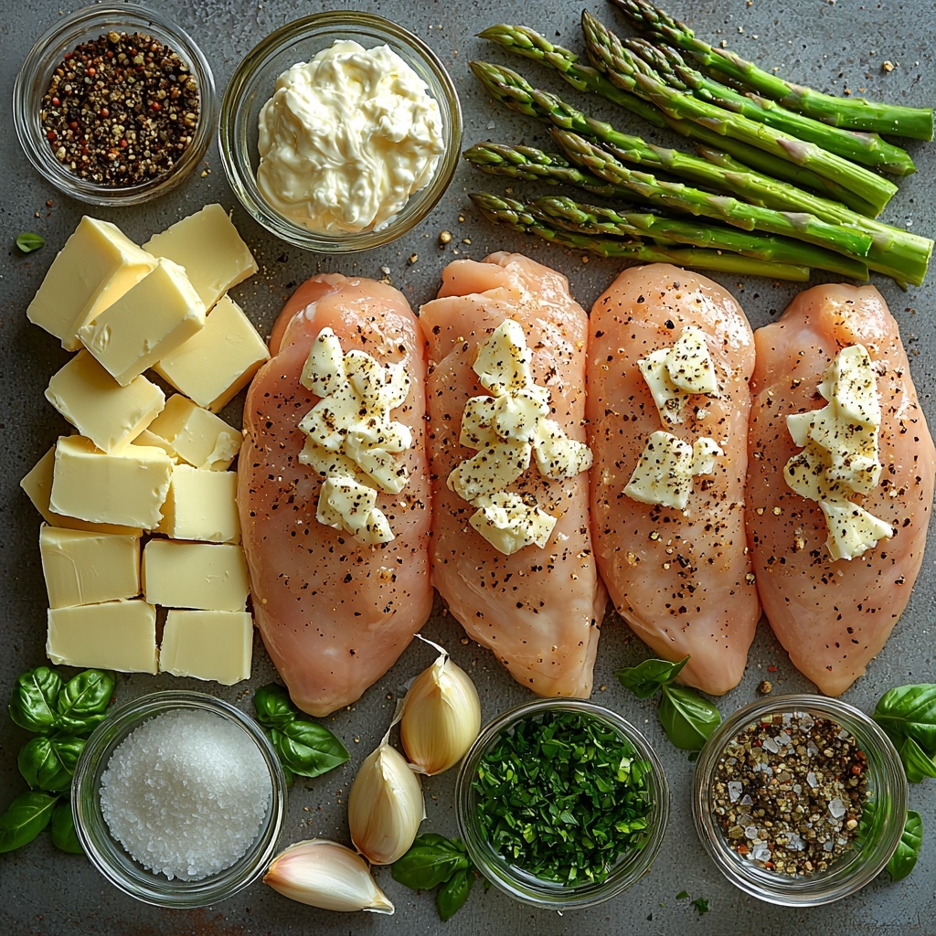 A clean, bright surface with all main ingredients for creamy baked chicken and asparagus artfully arranged in a flat lay composition. Two large raw chicken breasts, plump and pale pink, positioned centrally. Next to them, a neat bunch of fresh green asparagus spears, trimmed and vibrant. Small clear bowls of shredded white mozzarella cheese and grated pale yellow parmesan cheese placed nearby, showcasing their delicate textures. A cluster of three peeled garlic cloves, creamy white with subtle papery skins, scattered naturally. A small glass container of rich, thick heavy cream with a silky sheen. A small dish of pale golden butter, sliced into neat pats. Sprinklings of coarse salt crystals and whole black peppercorns elegantly spread on the surface. A tiny bowl holding fragrant Italian seasoning, a mix of dried herbs in muted greens and browns. Finally, a small pile of freshly chopped bright green parsley leaves, adding a pop of color. Soft natural lighting emphasizes the fresh, wholesome colors and diverse textures—from smooth chicken and creamy cheeses to crisp asparagus and fresh herbs. The arrangement is balanced yet organic, styled with minimal props to keep focus on ingredient quality and variety. Overhead shot, top down view, flat lay photography, professional food styling --ar 1:1 --q 2 --s 750 --v 6.1