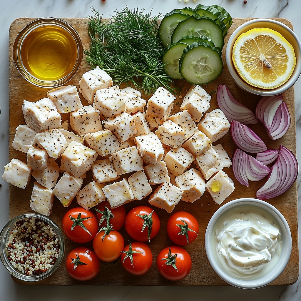 boneless skinless chicken breast cubes, small glass bowl of olive oil, fresh lemon halves and small bowl of fresh lemon juice, garlic cloves and minced garlic in a small dish, dried oregano and paprika in tiny bowls, salt and black pepper in small ramekins, crumbled feta cheese in a white ceramic bowl, plain Greek yogurt in a matching bowl, fresh dill and fresh parsley sprigs and finely chopped herbs on a white cutting board, cooked rice or quinoa in a rustic ceramic bowl, halved cherry tomatoes scattered with glossy skin, diced cucumber in a small dish showing fresh green interior, thinly sliced red onion arranged in semi-circles, fresh parsley leaves for garnish on the side; all ingredients neatly arranged on a clean white marble surface with natural diffused light highlighting vibrant colors and textures; shadows soft and minimal, composition balanced with careful spacing emphasizing freshness and Mediterranean vibe; overhead shot, top down view, flat lay photography, professional food styling --ar 1:1 --q 2 --s 750 --v 6.1