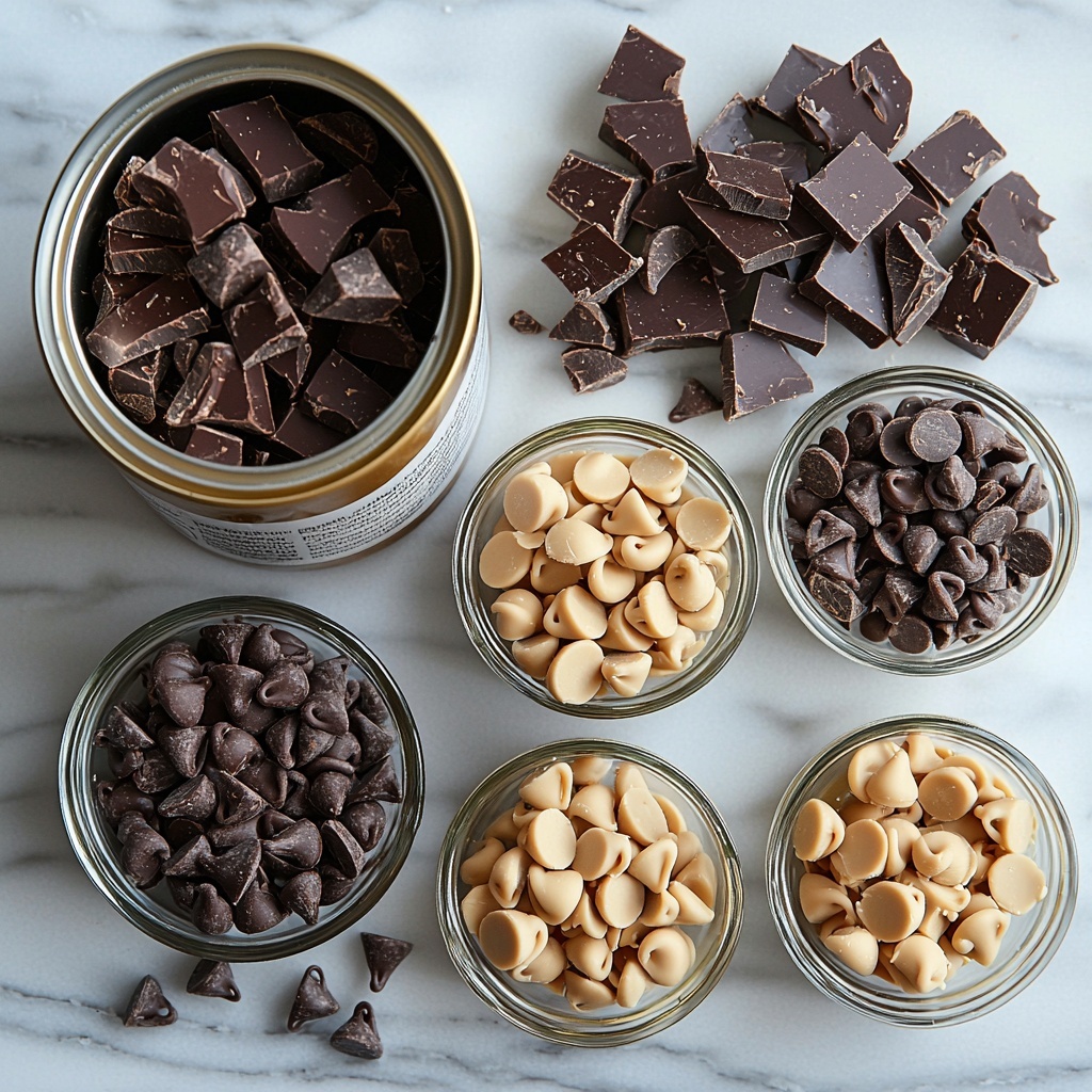 A clean white marble surface with a neat arrangement of the main ingredients for no-bake chocolate peanut butter fudge pinwheels: a shiny can of sweetened condensed milk with a simple label, small glass bowls filled with glossy semi-sweet chocolate chips and creamy peanut butter chips placed side by side. The chocolate chips are deep brown and smooth, contrasting with the light tan, slightly matte peanut butter chips. Scattered a few chocolate and peanut butter chips artistically around the bowls, adding texture and visual interest. Soft natural light casting gentle shadows, highlighting the rich colors and textures of each ingredient. Minimal props to keep the focus on the ingredients, styled in a modern, clean, and inviting way. Overhead shot, top down view, flat lay photography, professional food styling --ar 1:1 --q 2 --s 750 --v 6.1