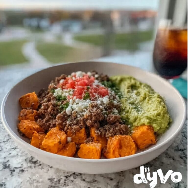 Ground Turkey and Sweet Potato Bowl with Feta, Cilantro, and Guacamole Recipe